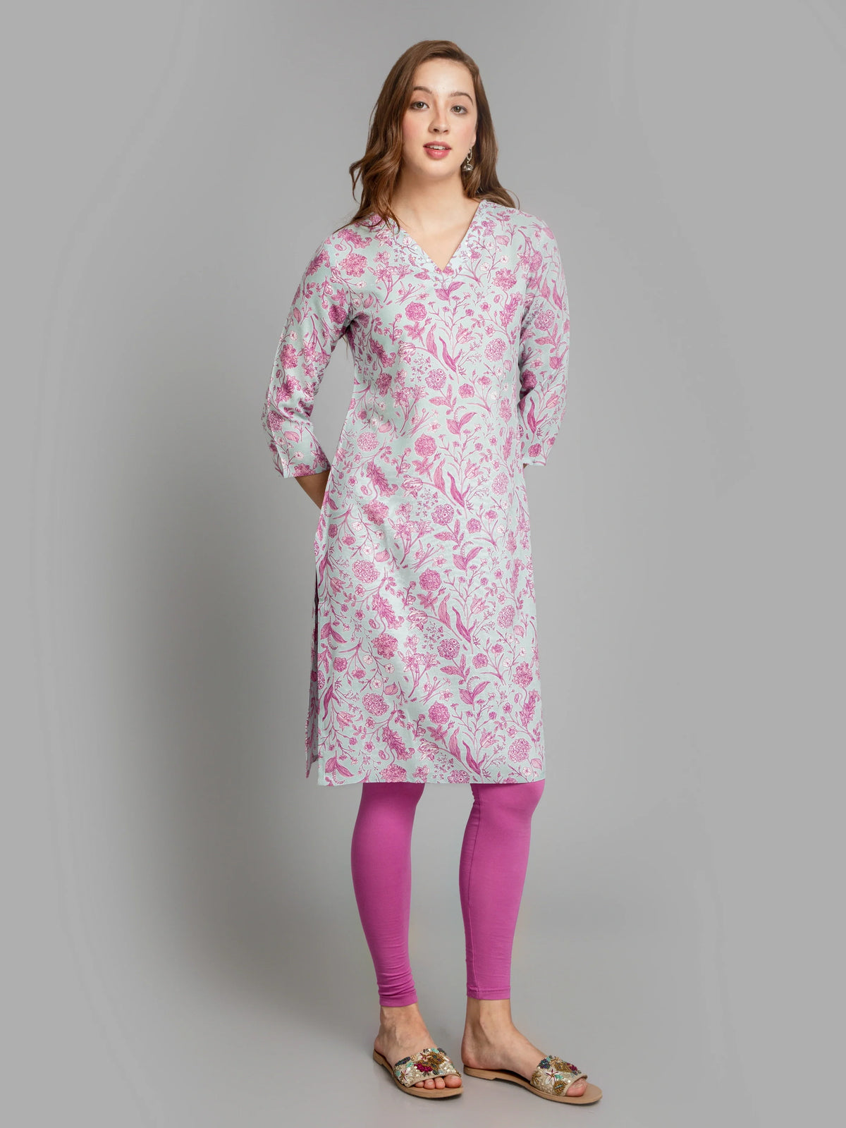 Women Grey Down CONTEMPORARY PRINTED LONG KURTI