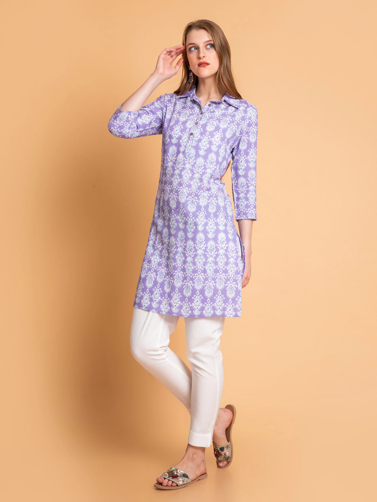 Rayon Contemporary Printed Kurti with Shirt Collar