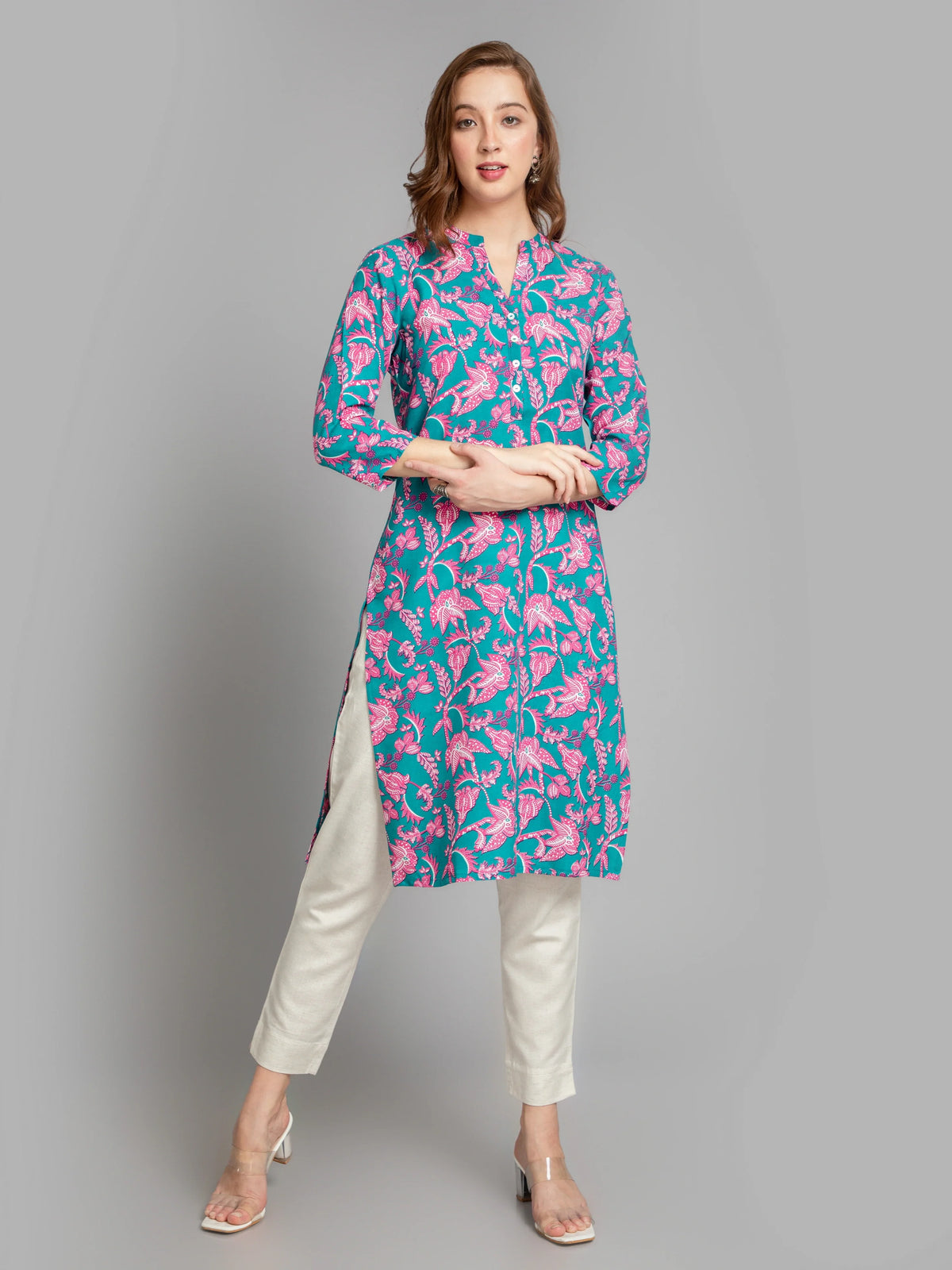 Women Beach Blue CONTEMPORARY PRINTED LONG KURTA