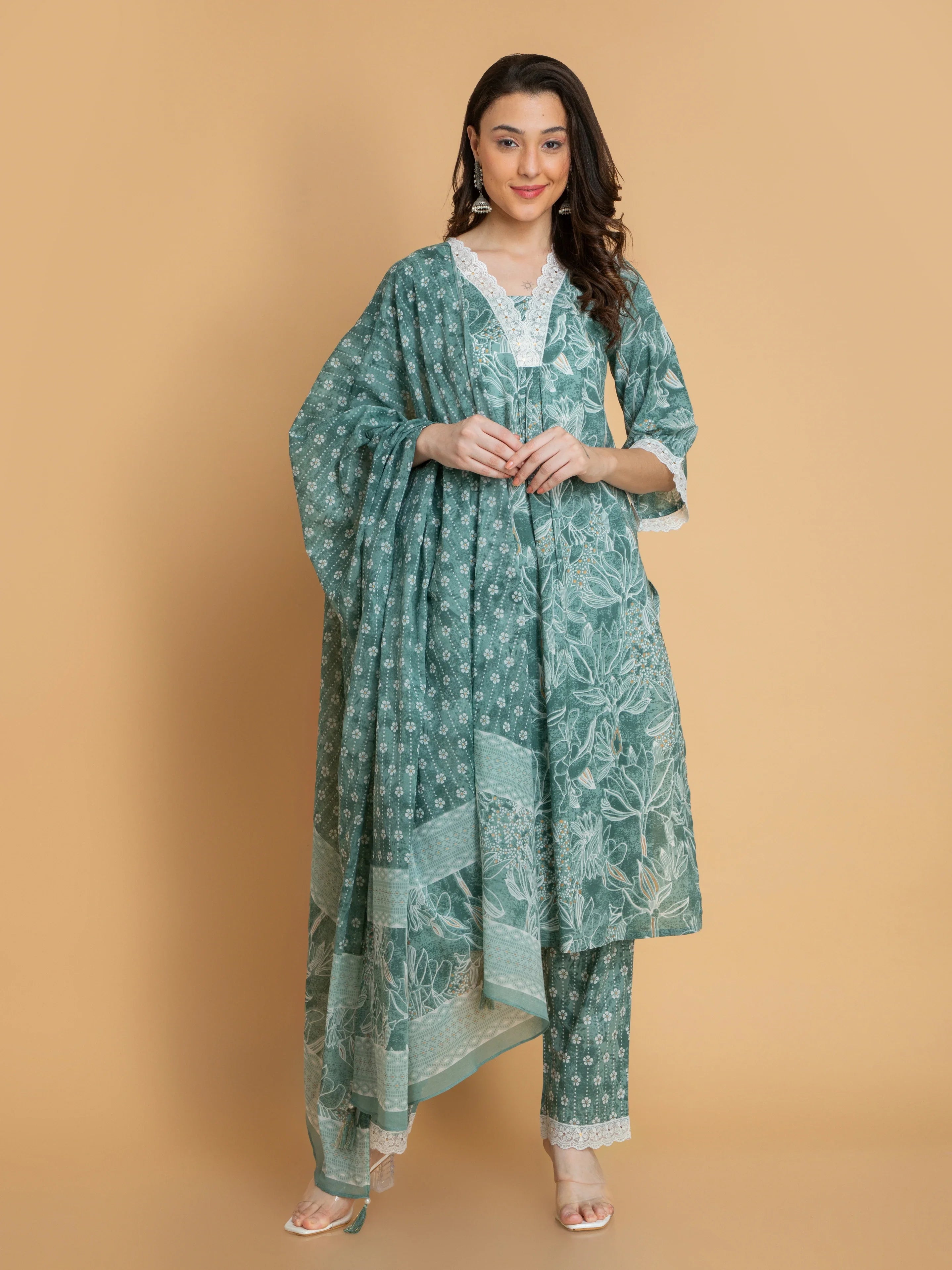 Women Deep Sea MUL COTTON 3PC PRINTED SUIT SET WITH LACE DETAILS
