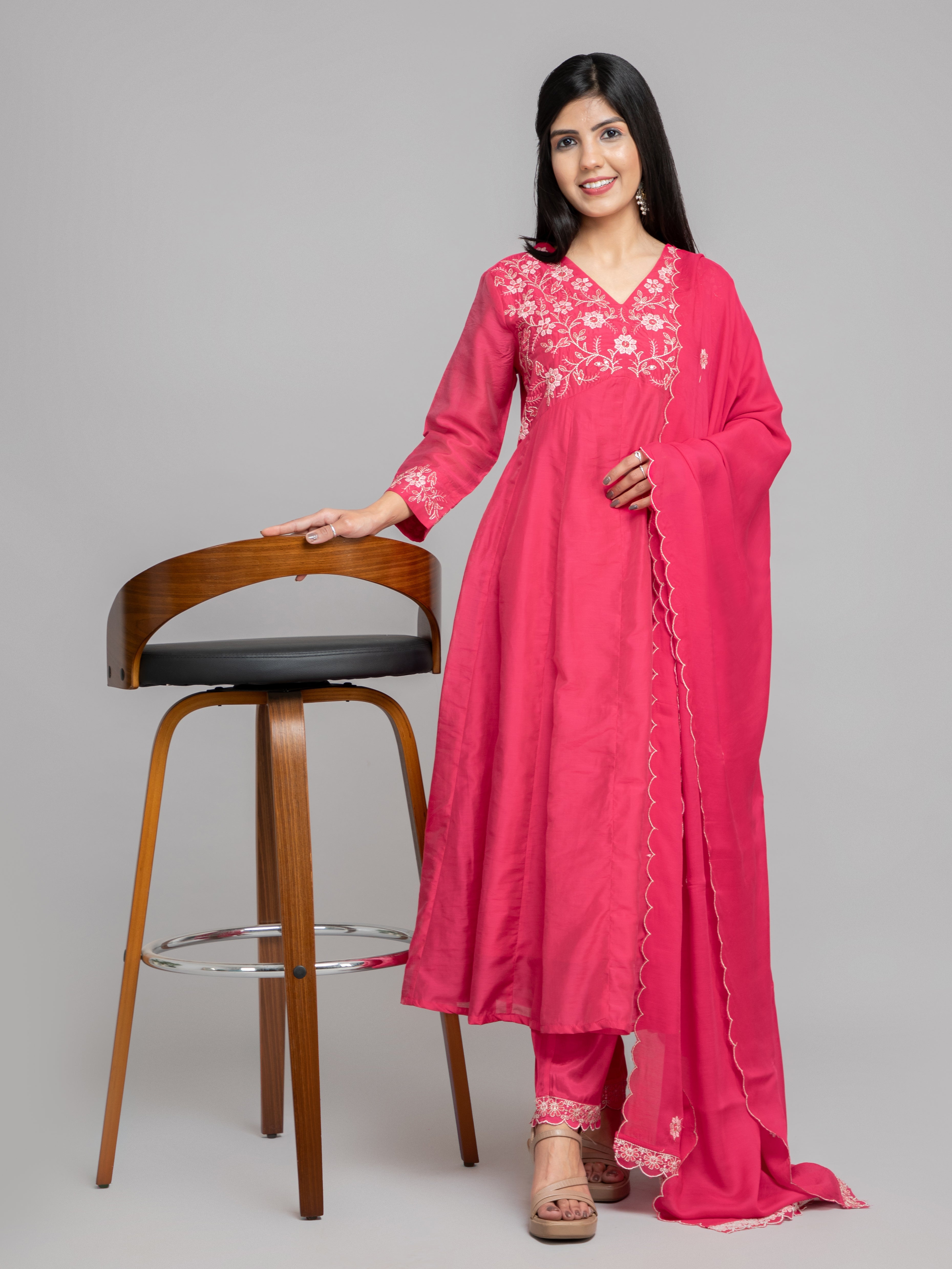 Women Bright Rose CHANDERI SILK CHIKANKARI EMBROIDERED 3PC ALIA CUT 3PC SET