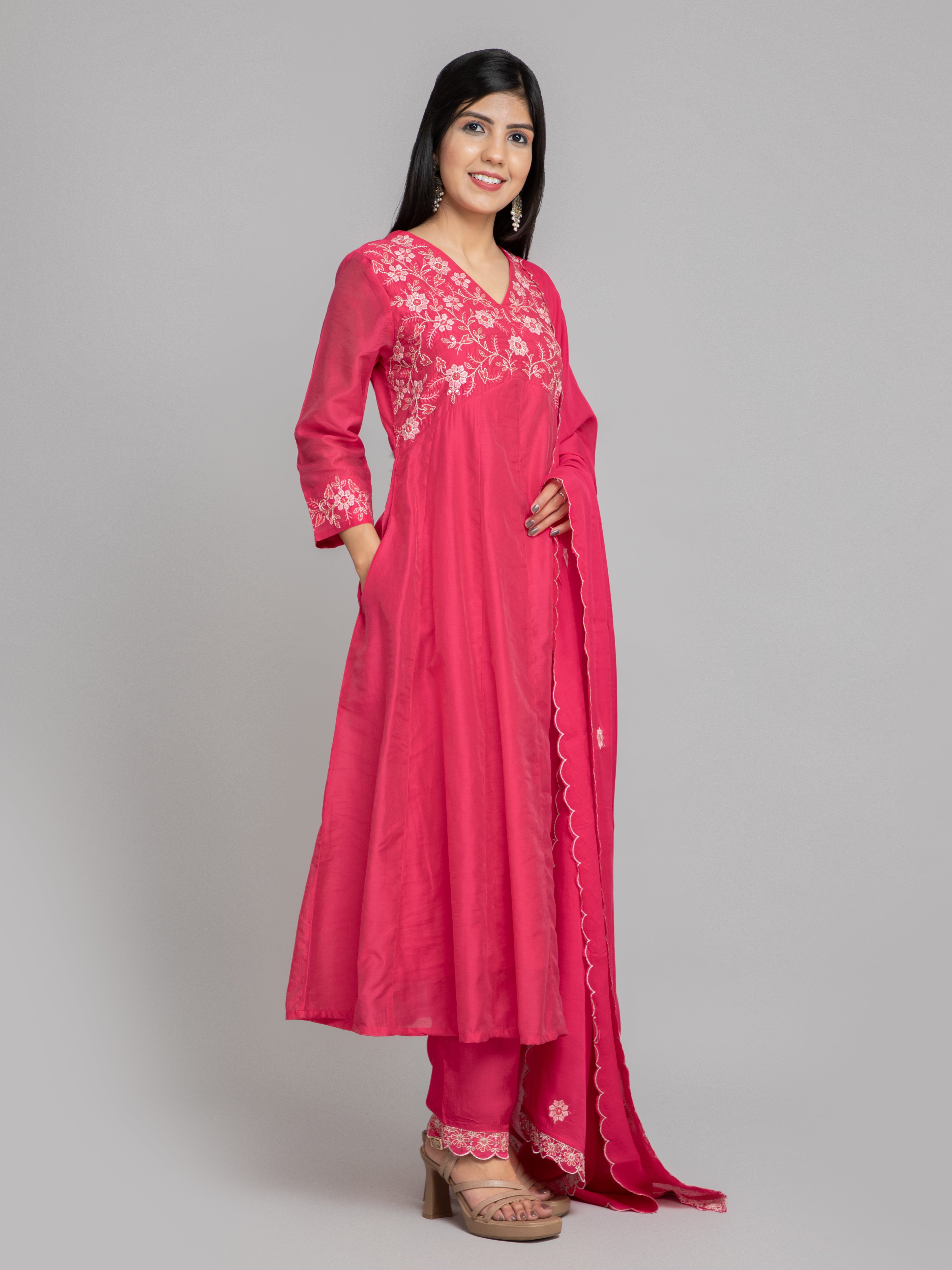 Women Bright Rose CHANDERI SILK CHIKANKARI EMBROIDERED 3PC ALIA CUT 3PC SET