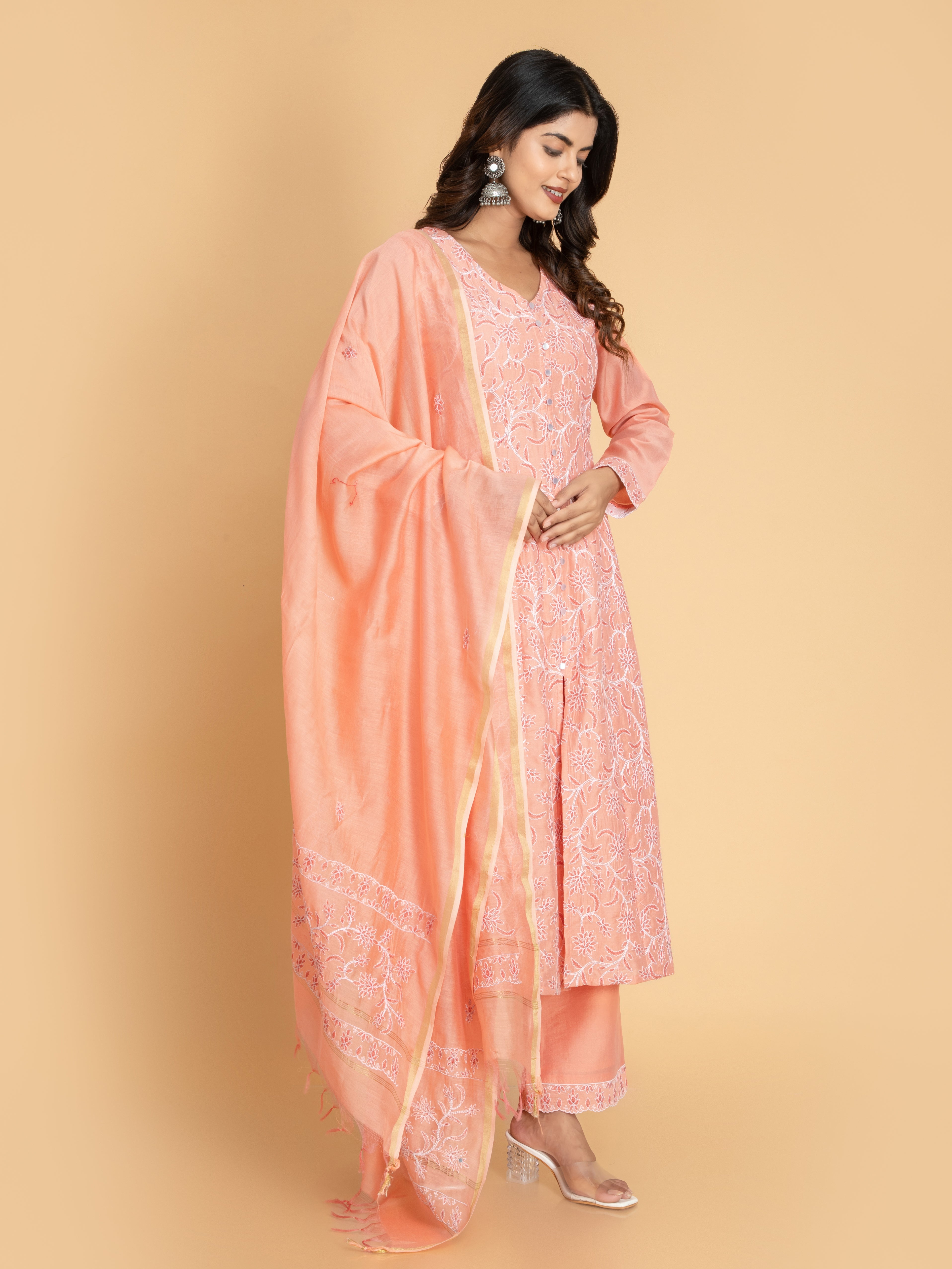 Women Fusion Coral CHIKANKARI EMBROIDERY 3PC KALIDAR CHANDERI SUIT SET