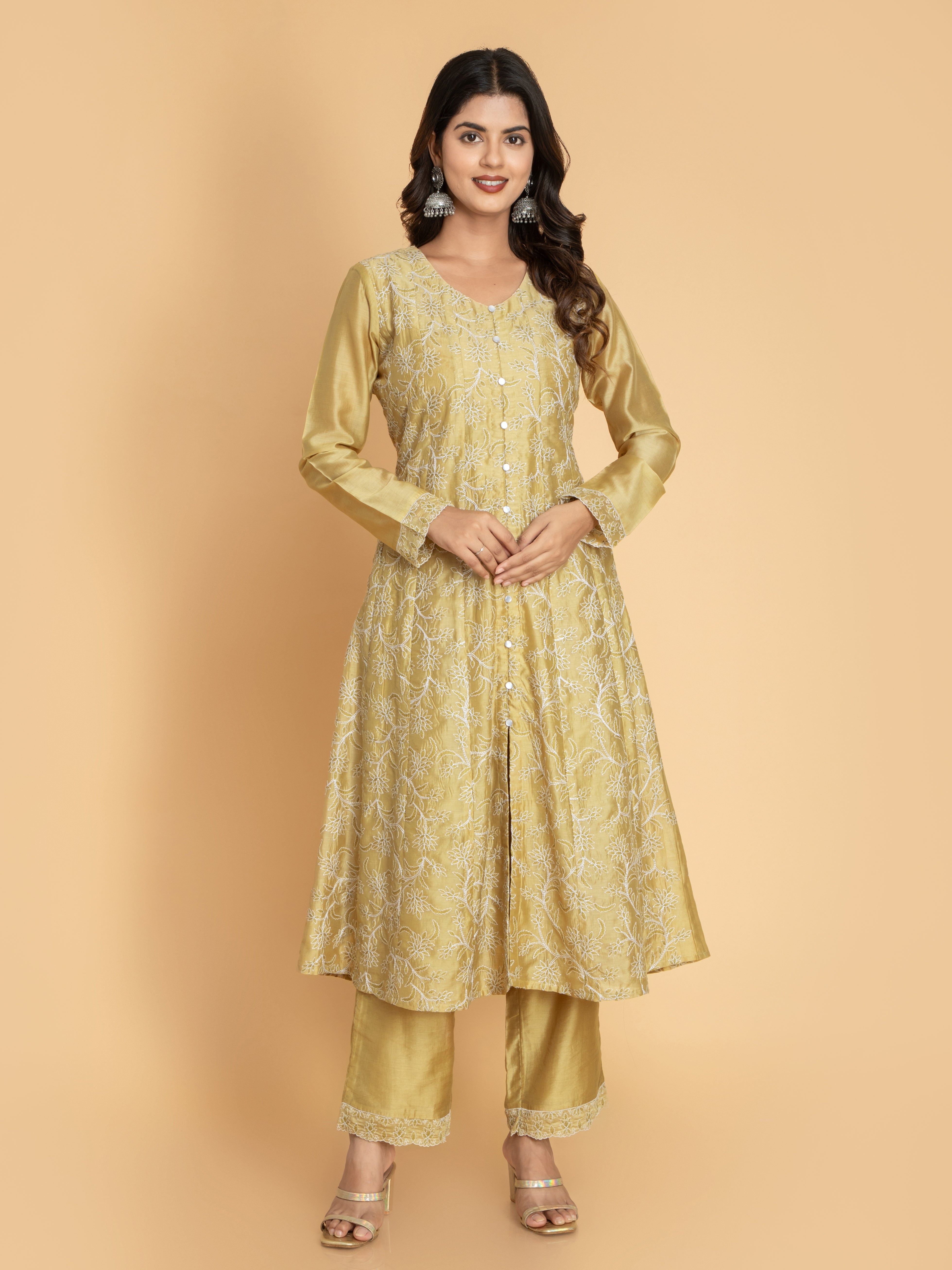 Women Green Moss CHIKANKARI EMBROIDERY 3PC KALIDAR CHANDERI SUIT SET