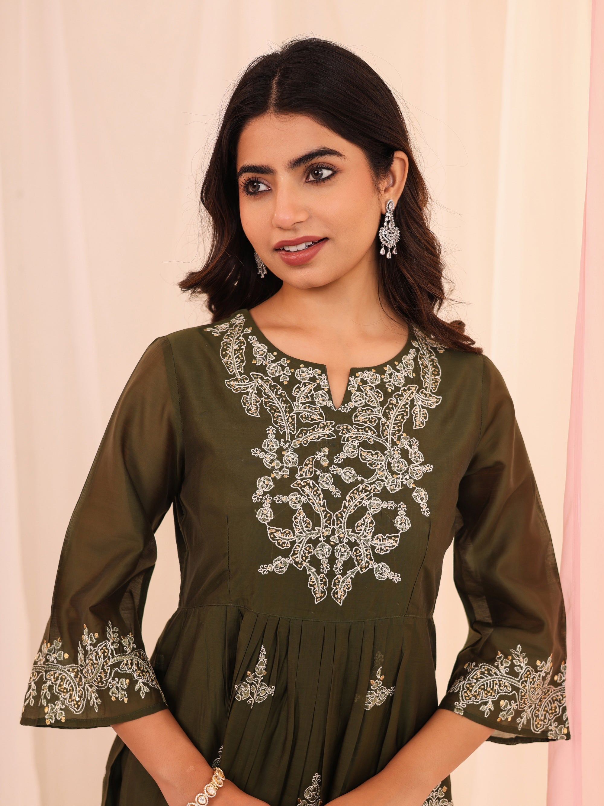 Dark Green 3 Pcs Kurta Set in Chanderi Silk