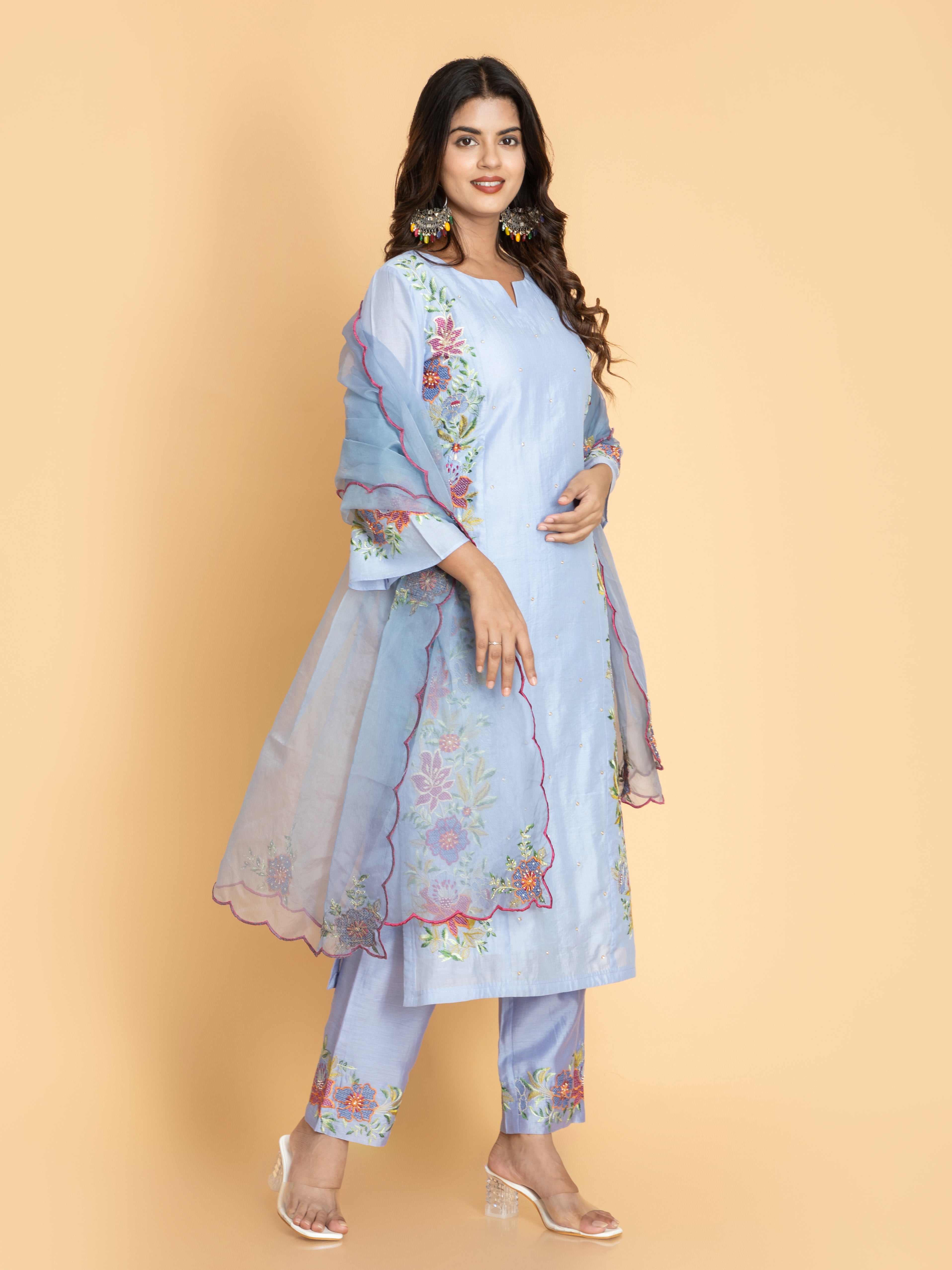 Women Cerulean CHANDERI SILK 3PC SET EMBELLISHED WITH PLACEMENT EMB. & ADDA WORK DETAIL