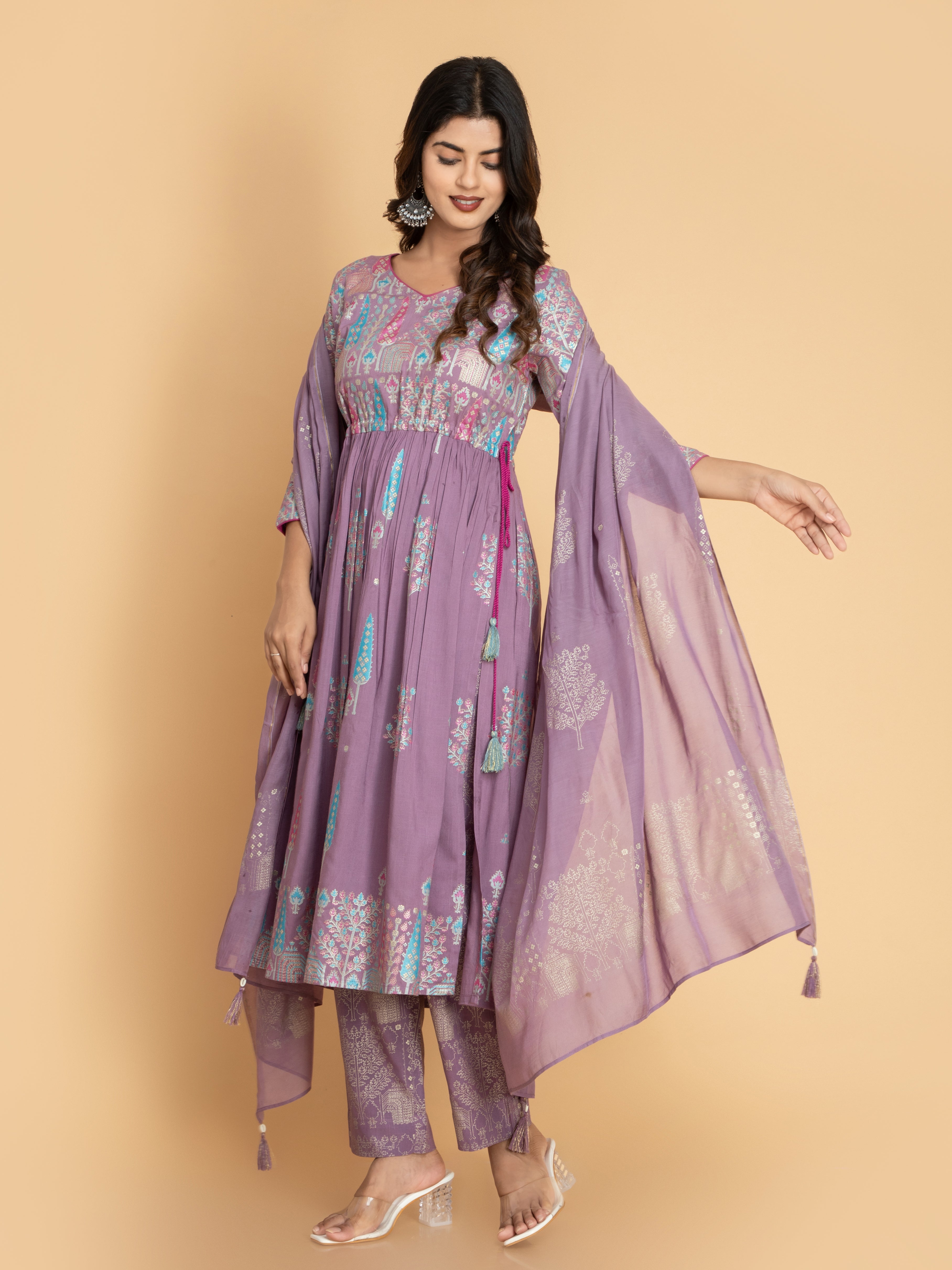 Women Lavender GOLD PRINT 3PC NAIRA CUT SET EMBELLISHED WITH ADDA WORK & DORI LATKAN