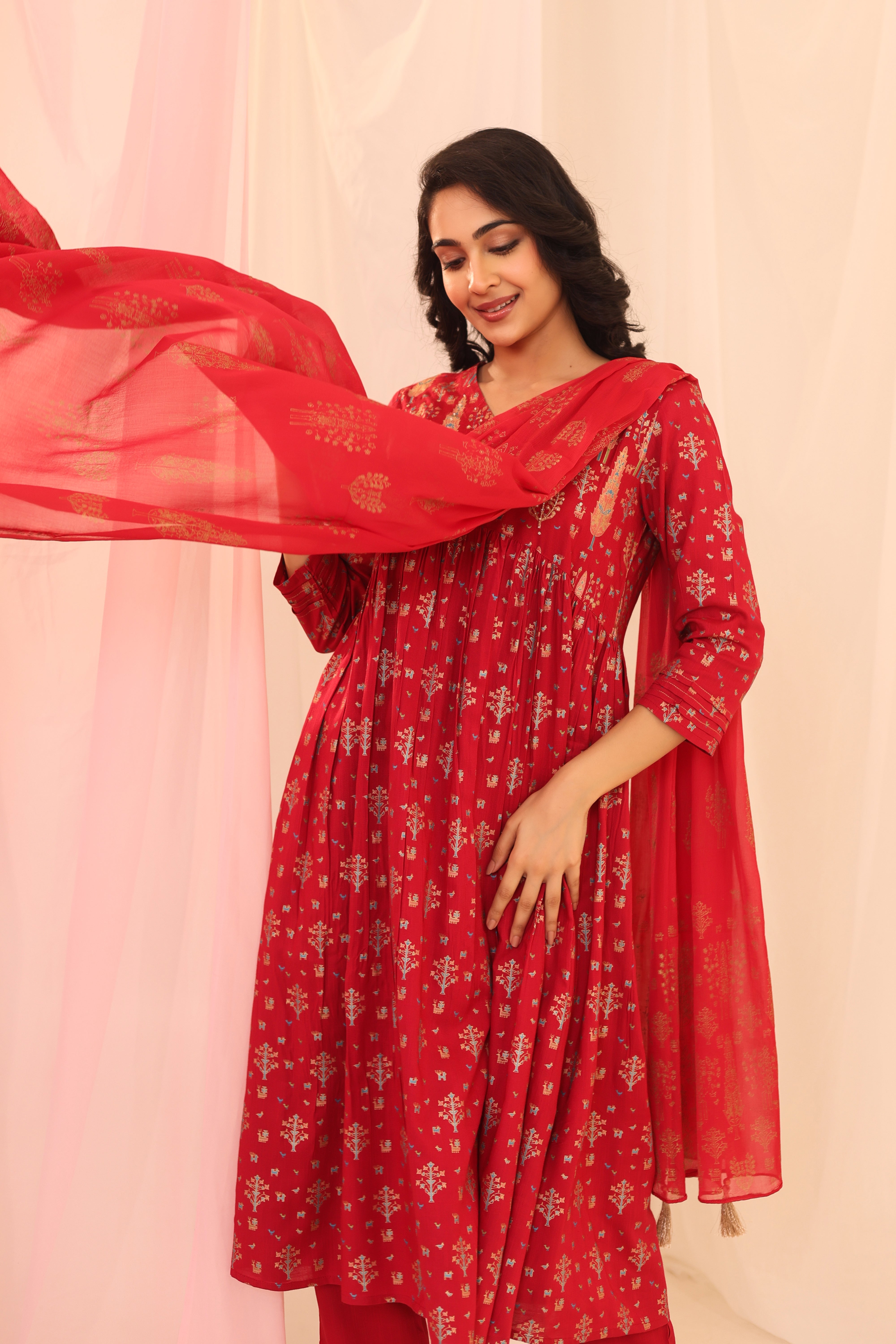 Women Rouge Red GOLD PRINT 3PC ALIA CUT SET EMBELLISHED WITH ADDA WORK DETAILS