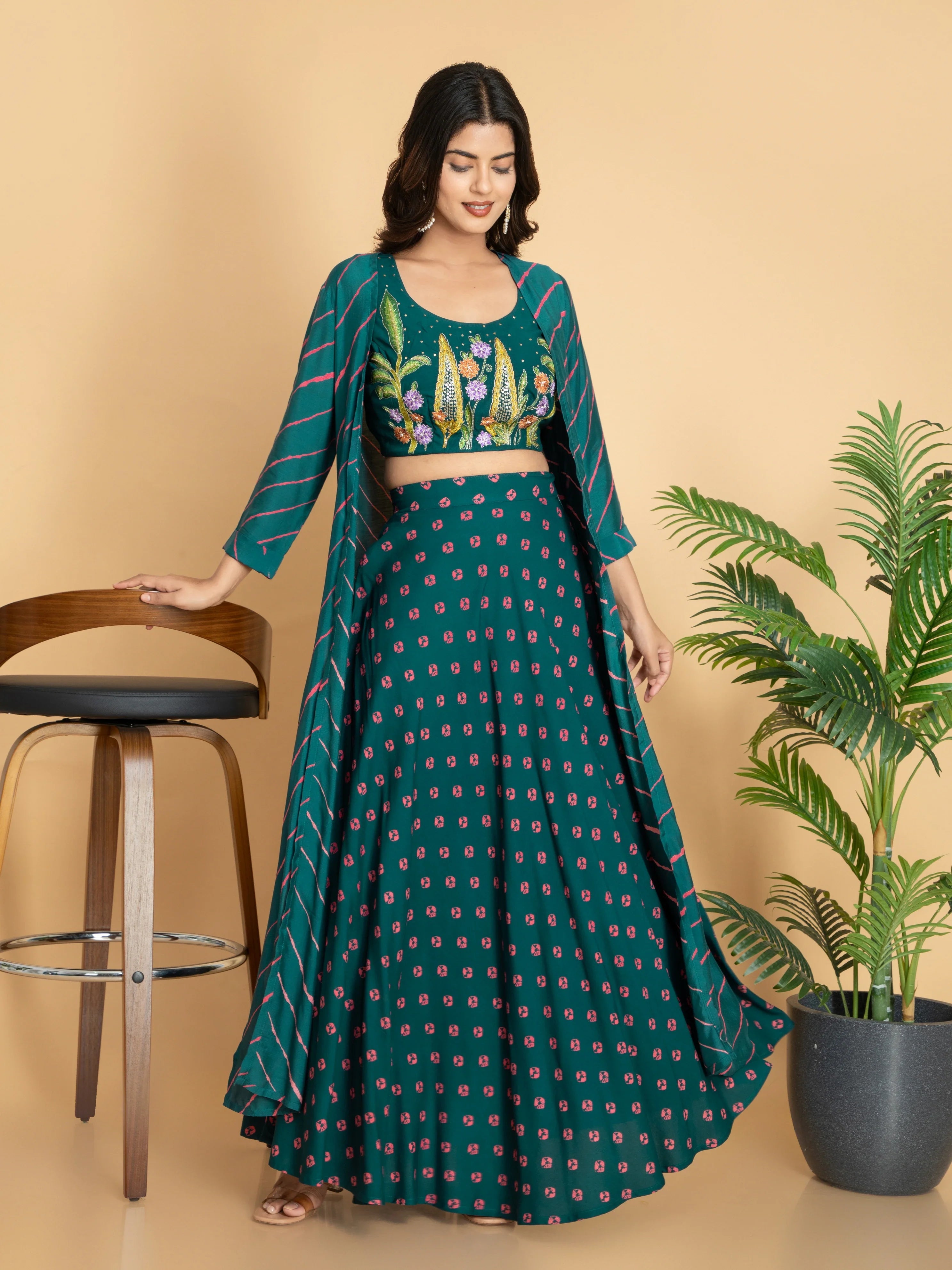 slim fit dress slacks Women Posy Green FUSION WEAR 3PC SKIRT SHRUG SET WITH COLORFUL EMBROID –  sutionline
