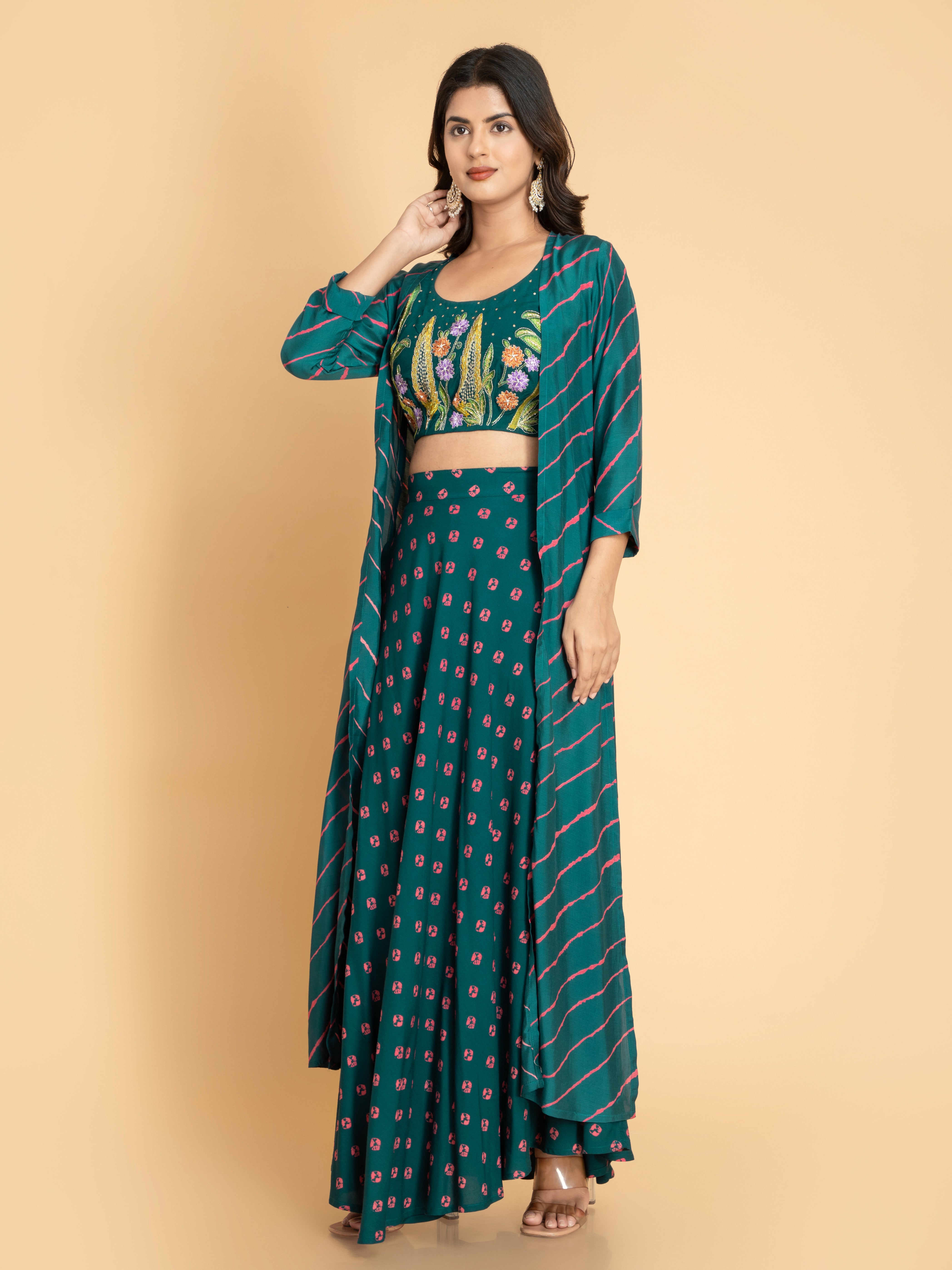 Women Posy Green FUSION WEAR 3PC SKIRT SHRUG SET WITH COLORFUL EMBROIDERED, ADDA WORK EMBELLISHMENT