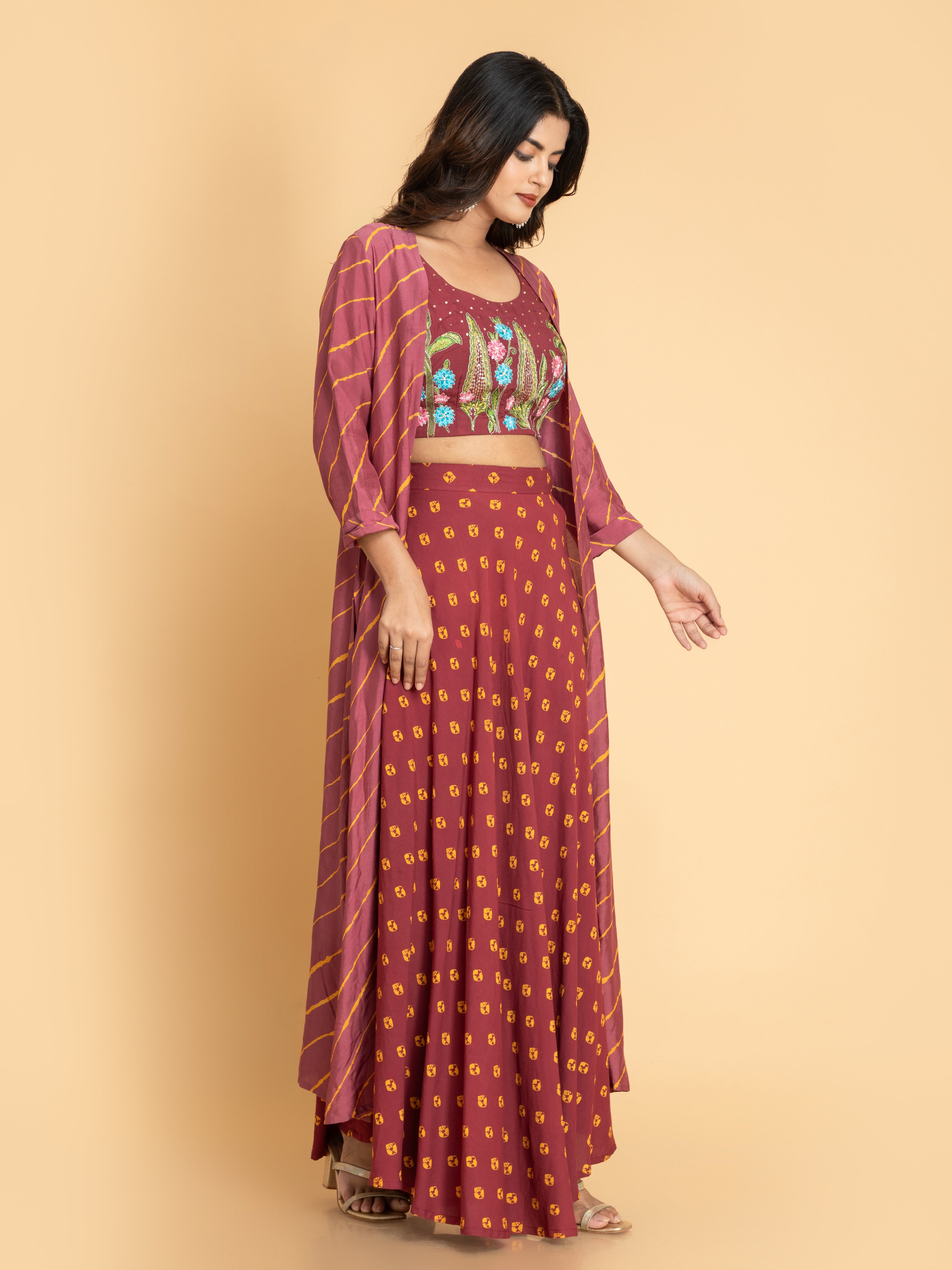 Women Indigo Blue FUSION WEAR 3PC SKIRT SHRUG SET WITH COLORFUL EMBROIDERED, ADDA WORK EMBELLISHMENT