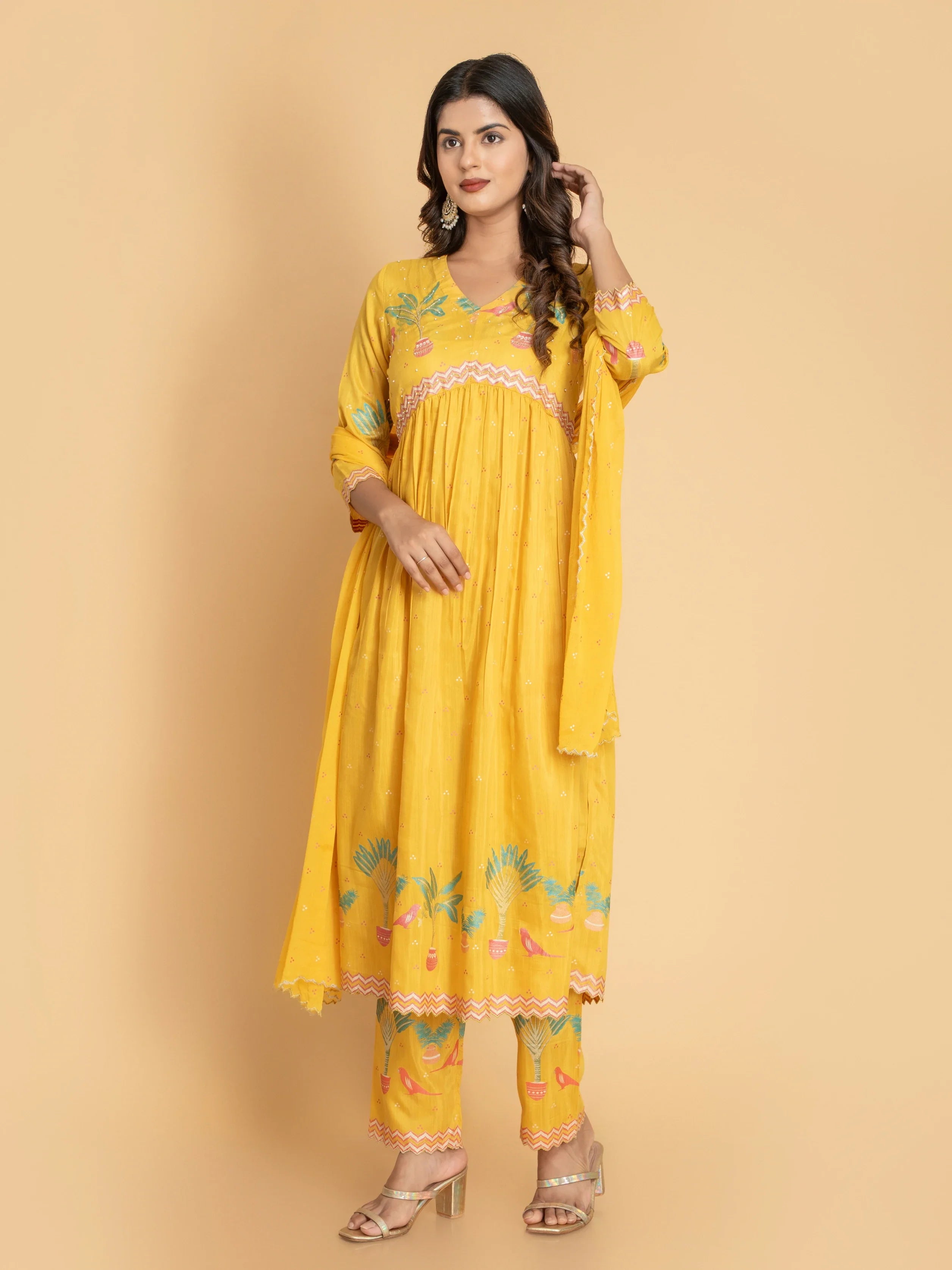 Women Mustard SILK BASE 3PC ALIA CUT PRINTED SET EMBELLISHED WITH ADDA WORK DETAILS