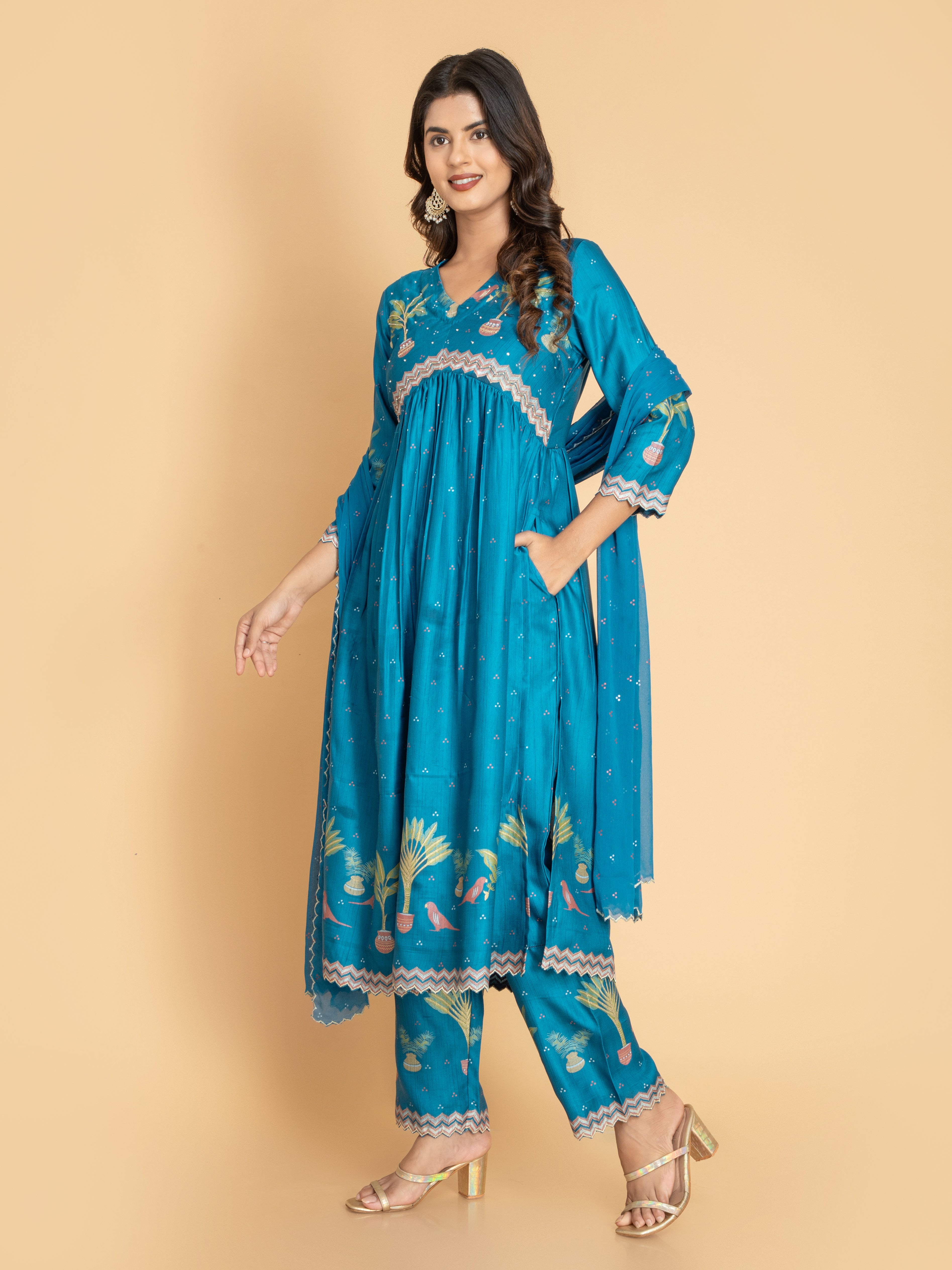 Women Bright Cobalt SILK BASE 3PC ALIA CUT PRINTED SET EMBELLISHED WITH ADDA WORK DETAILS