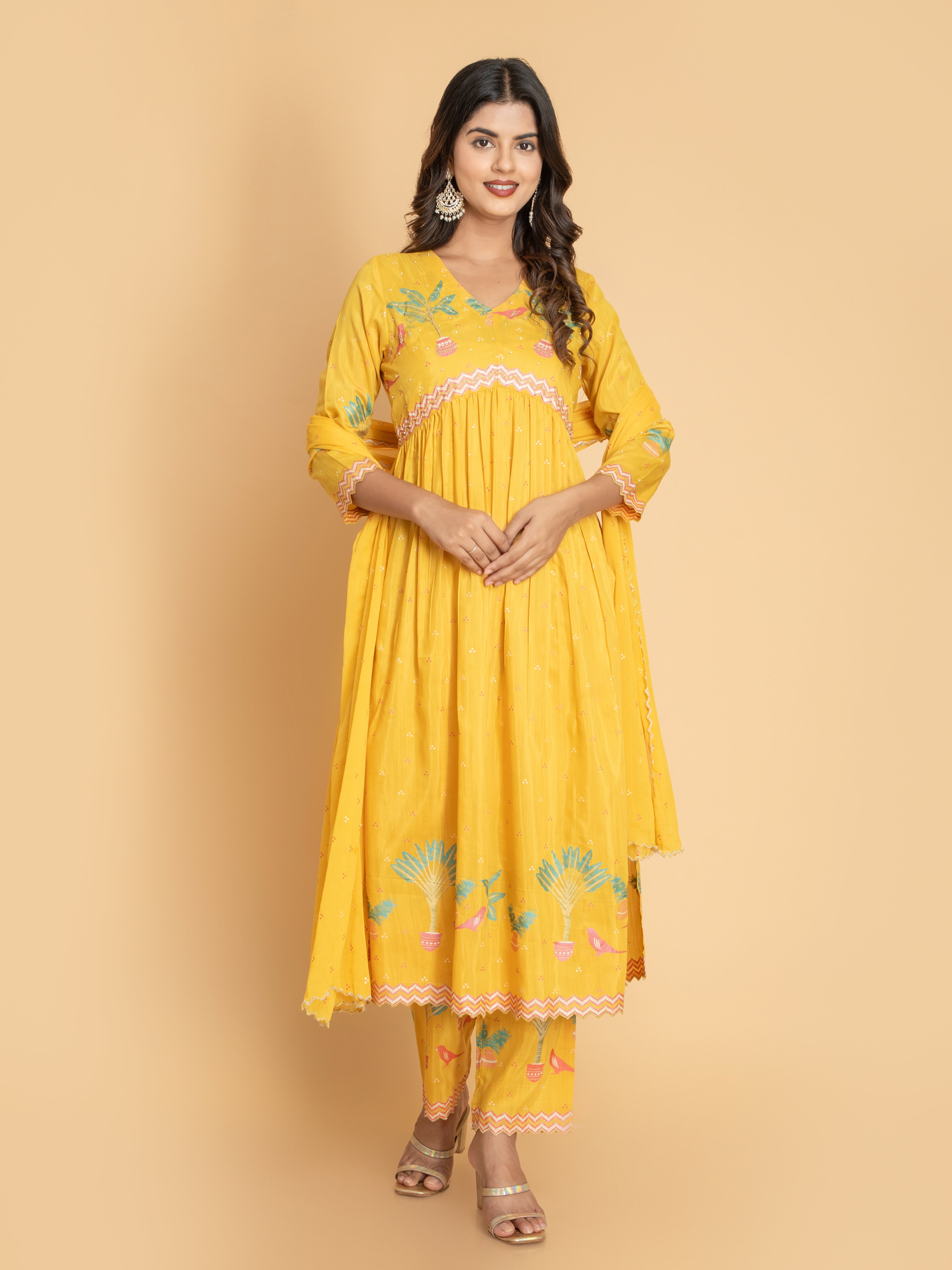 Women Mustard SILK BASE 3PC ALIA CUT PRINTED SET EMBELLISHED WITH ADDA WORK DETAILS