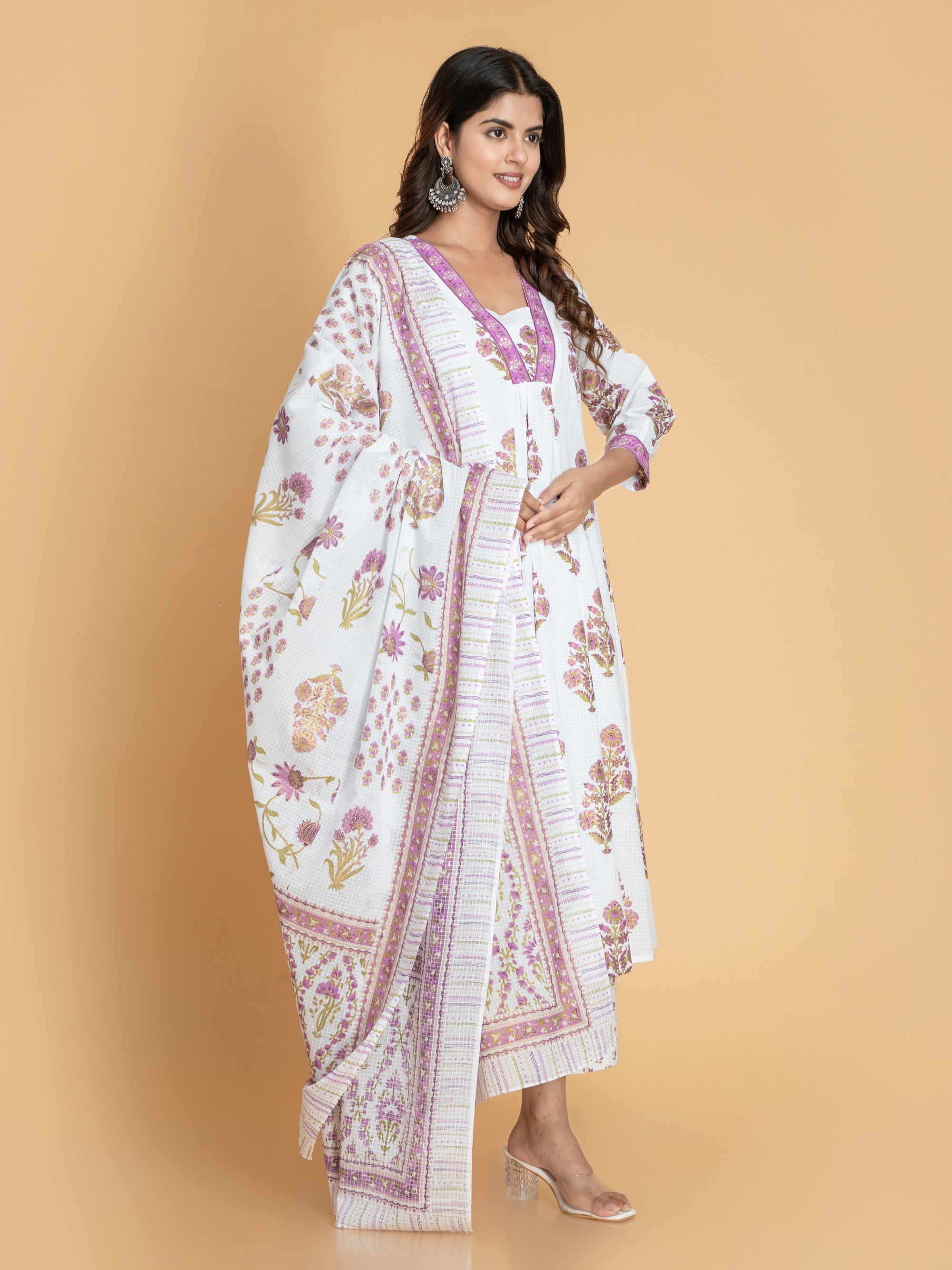 Offwhite Pink 3 Pcs Kurta Set in Mul Cotton