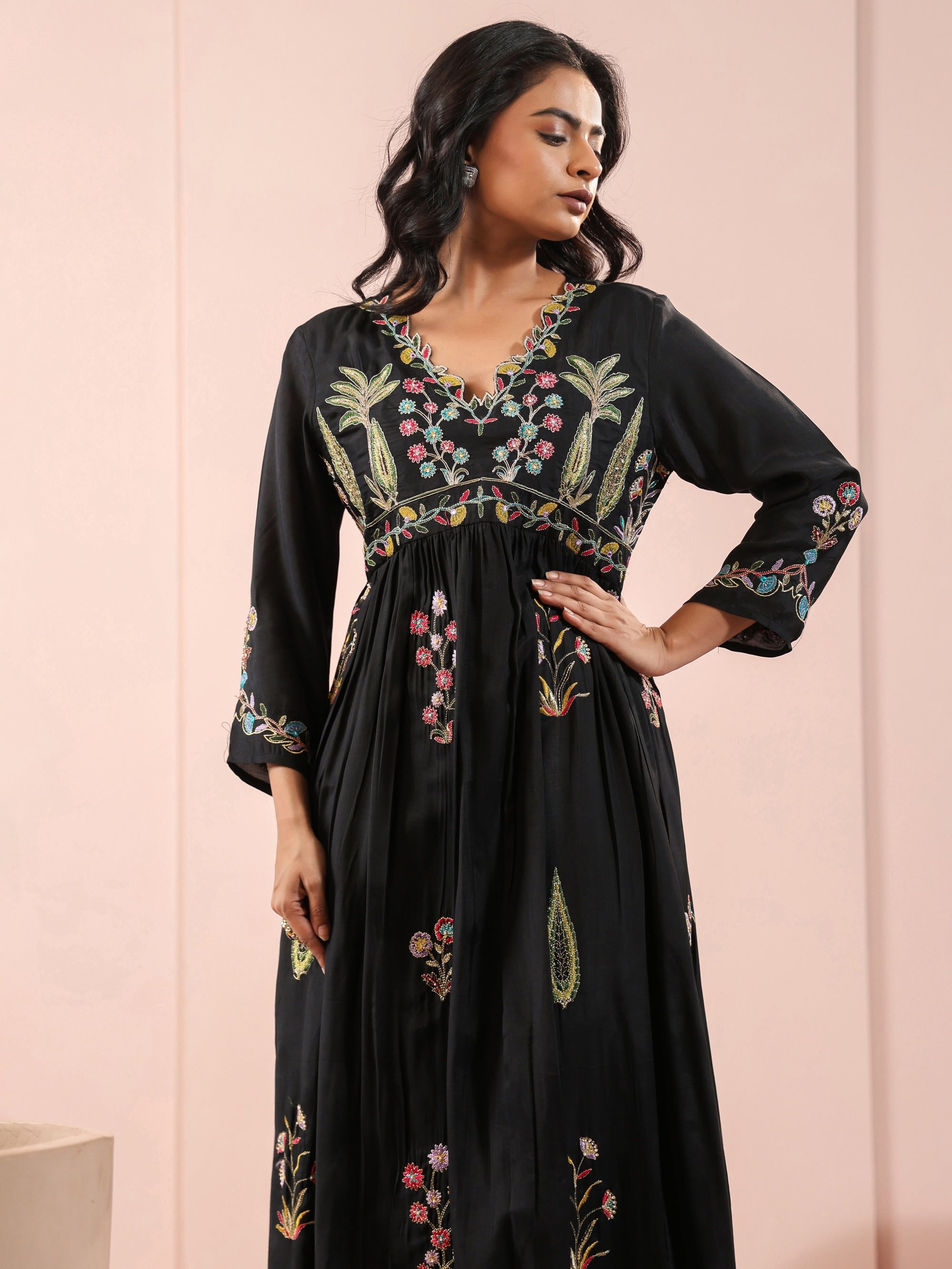 Jet Black Floor Length Dress in Muslin