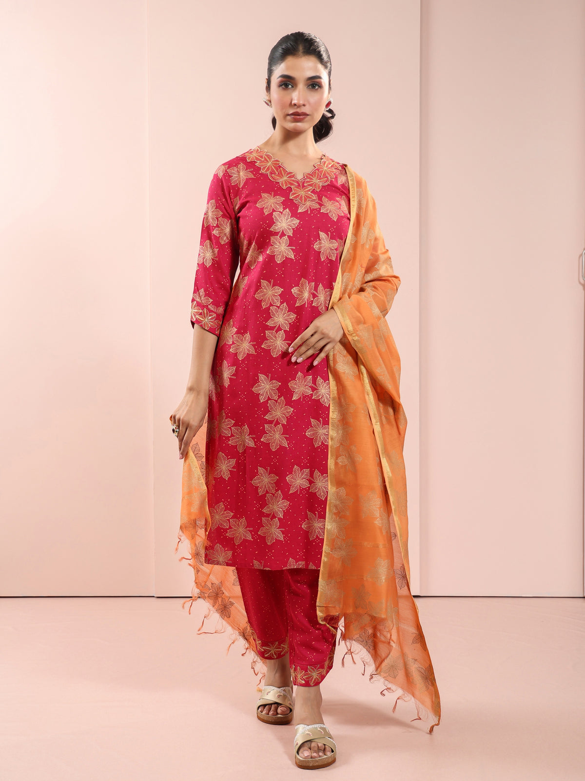 GOLD PRINT EMBROIDEREY EMBELLISHED 3PCS KURTA SET