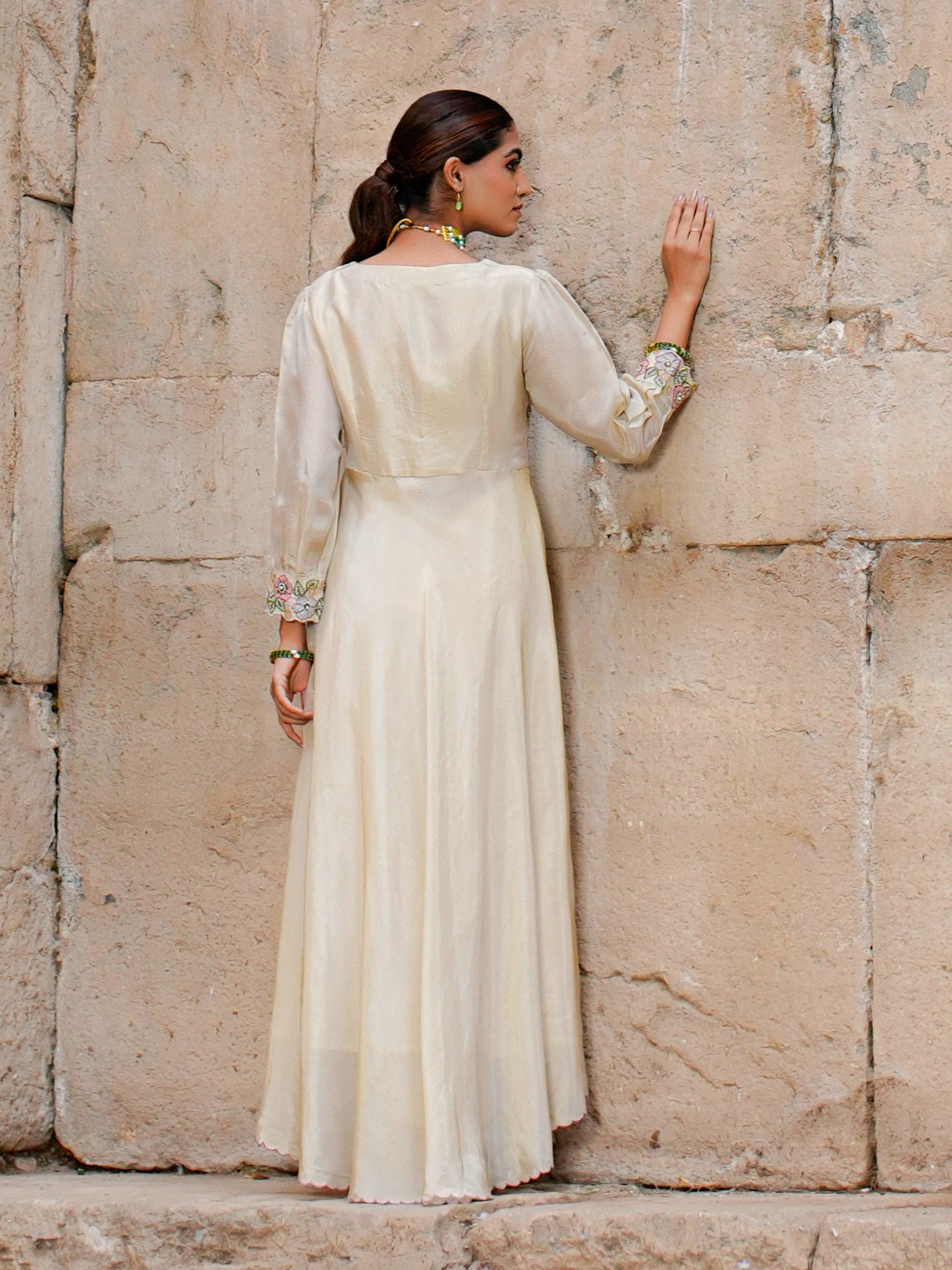 Off White Silk Floor Length Dress with Adda Work for Women