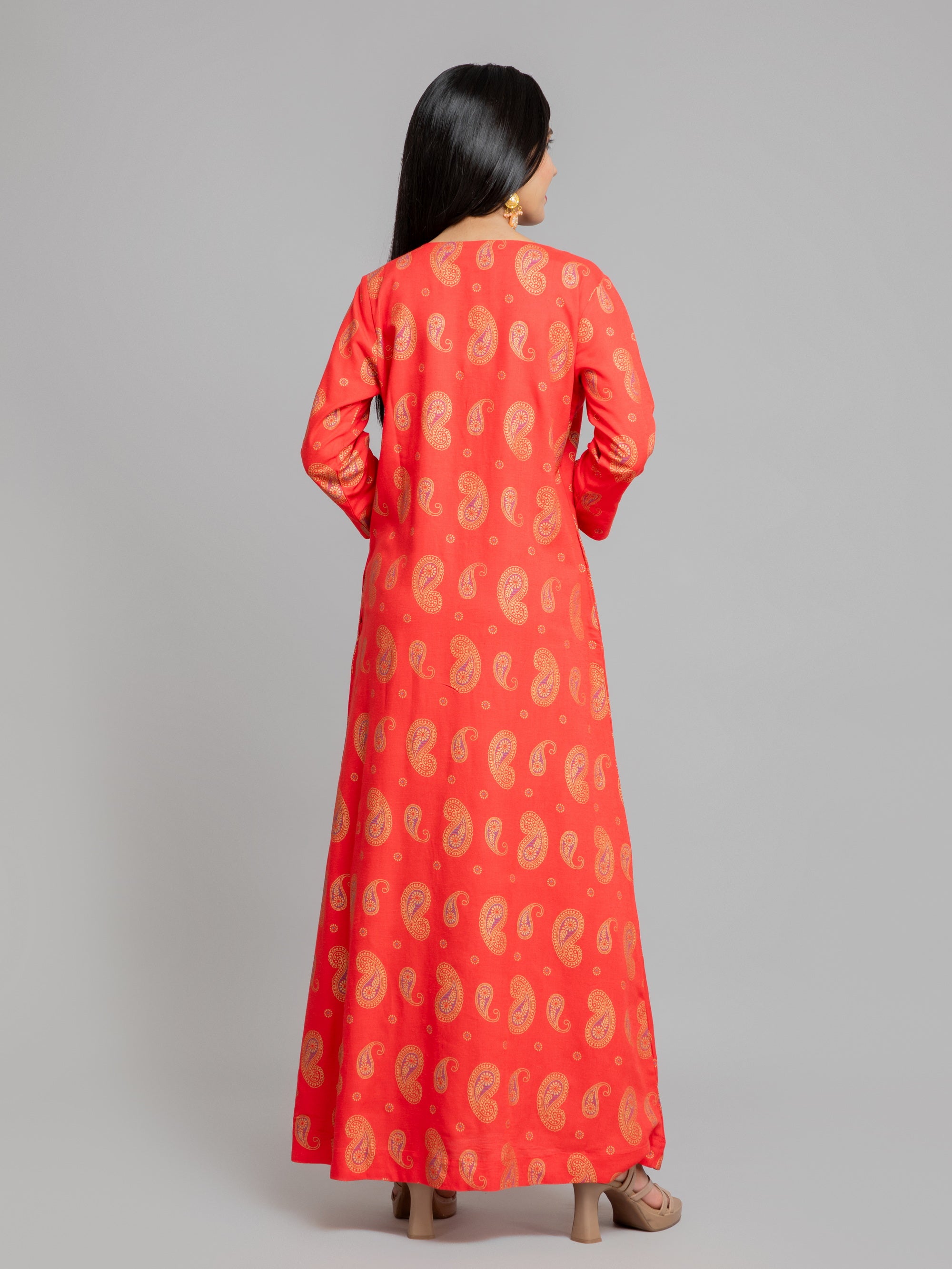 Poppy Red Rayon Linen Elegant Long Dress for Women
