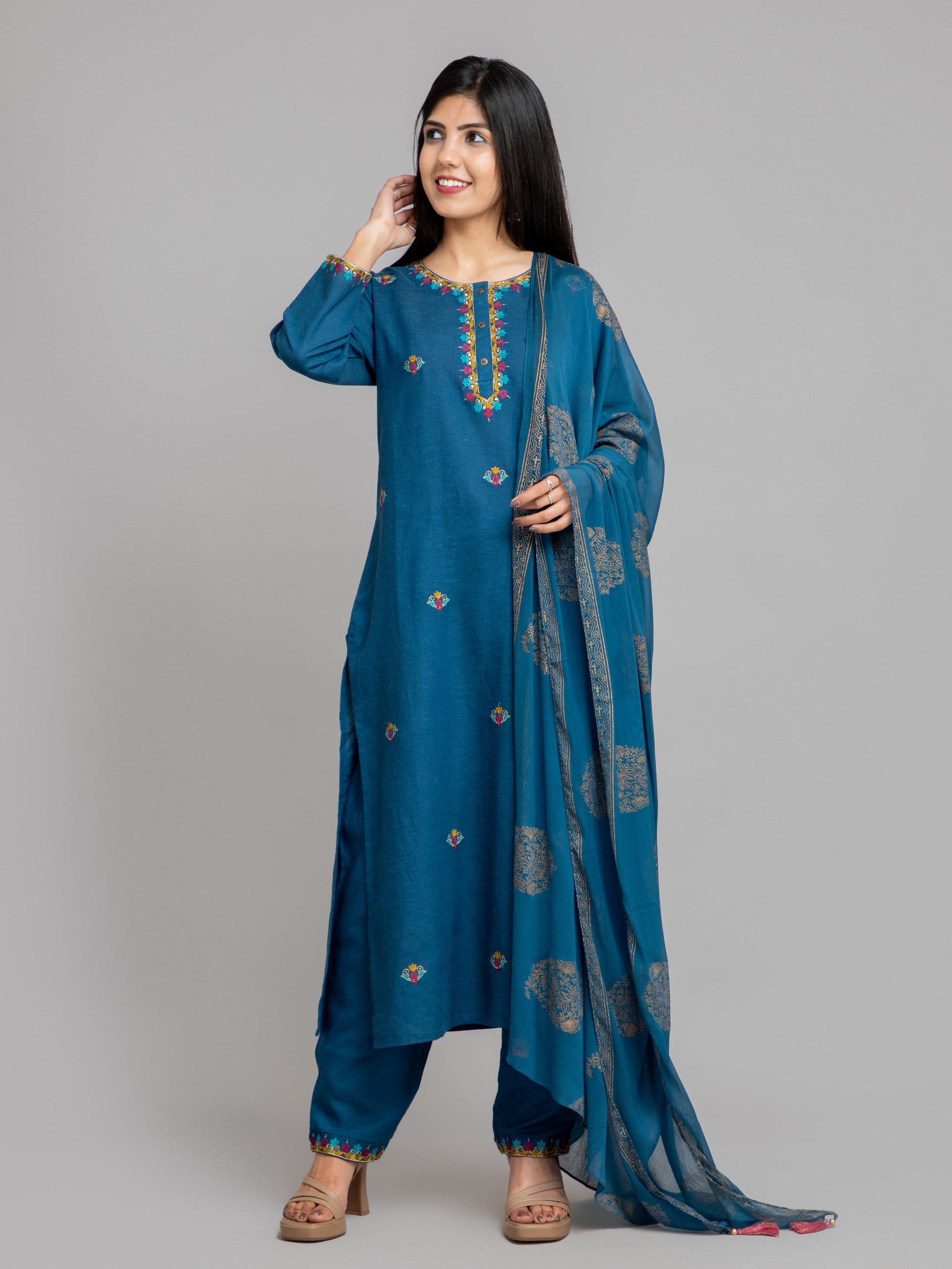 Marine Blue 3 Pcs Kurta Set in Rayon Linen