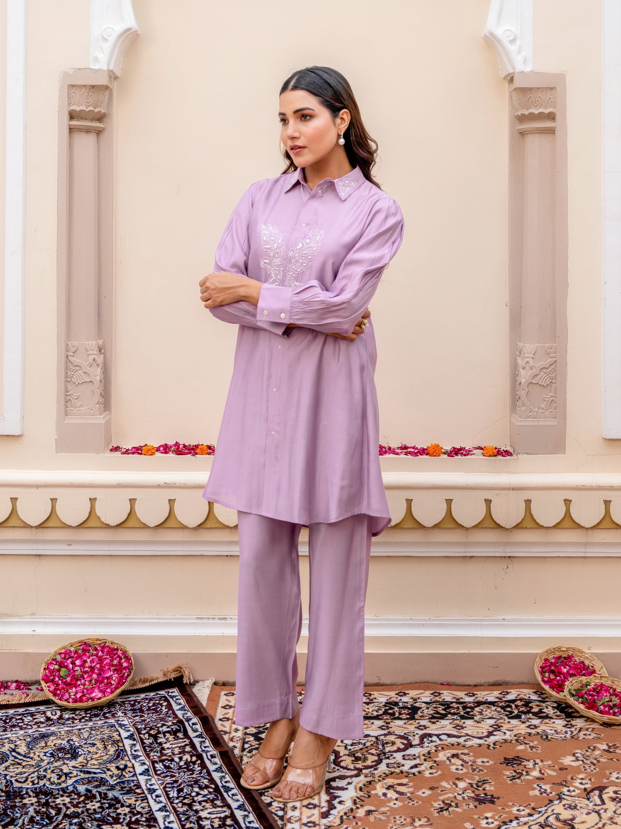 Purple Pink 2 Pcs Co-ord Set in Viscose Muslin