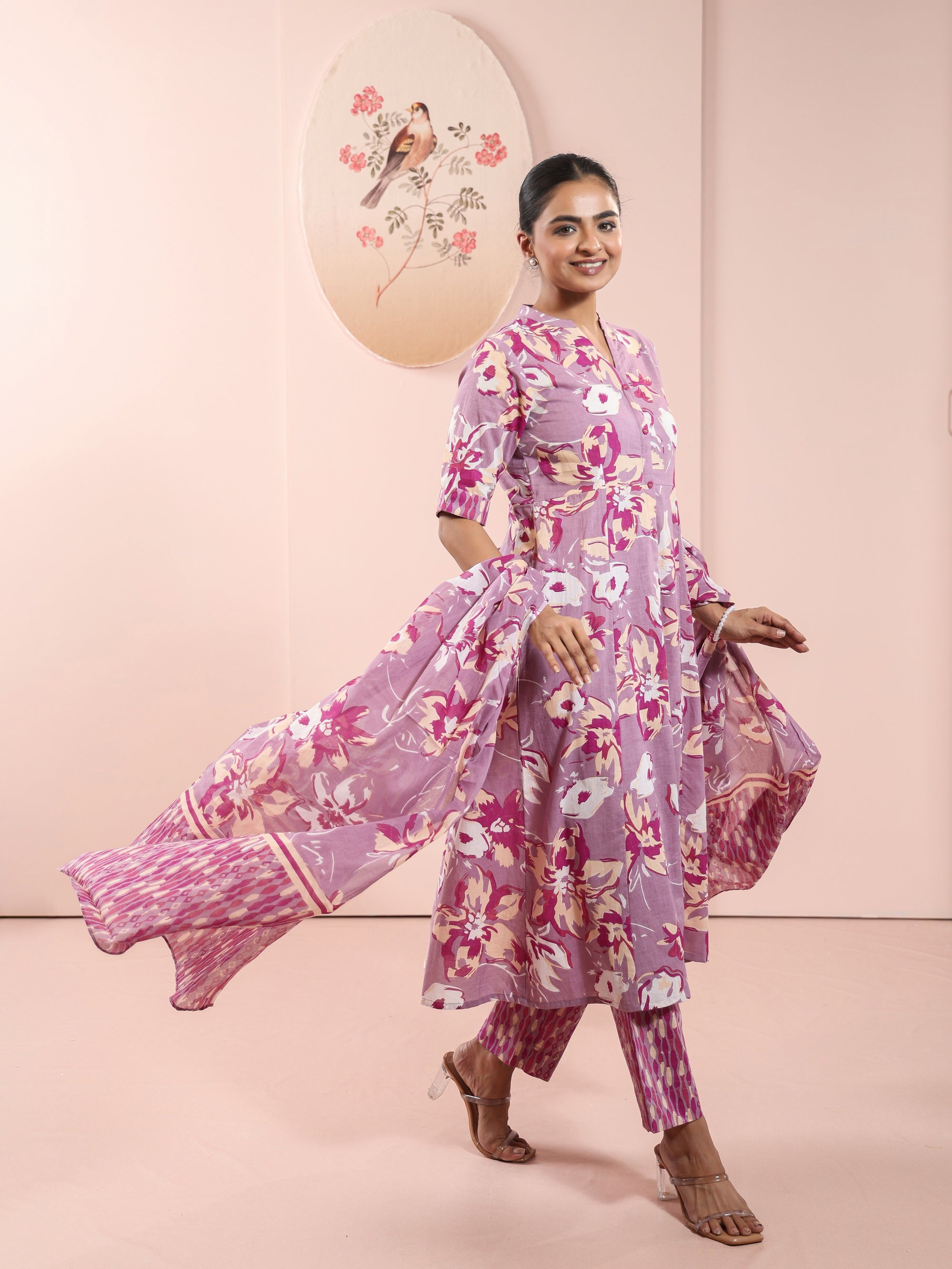 Mauve 3 Pcs Kurta Set in Mul Cotton