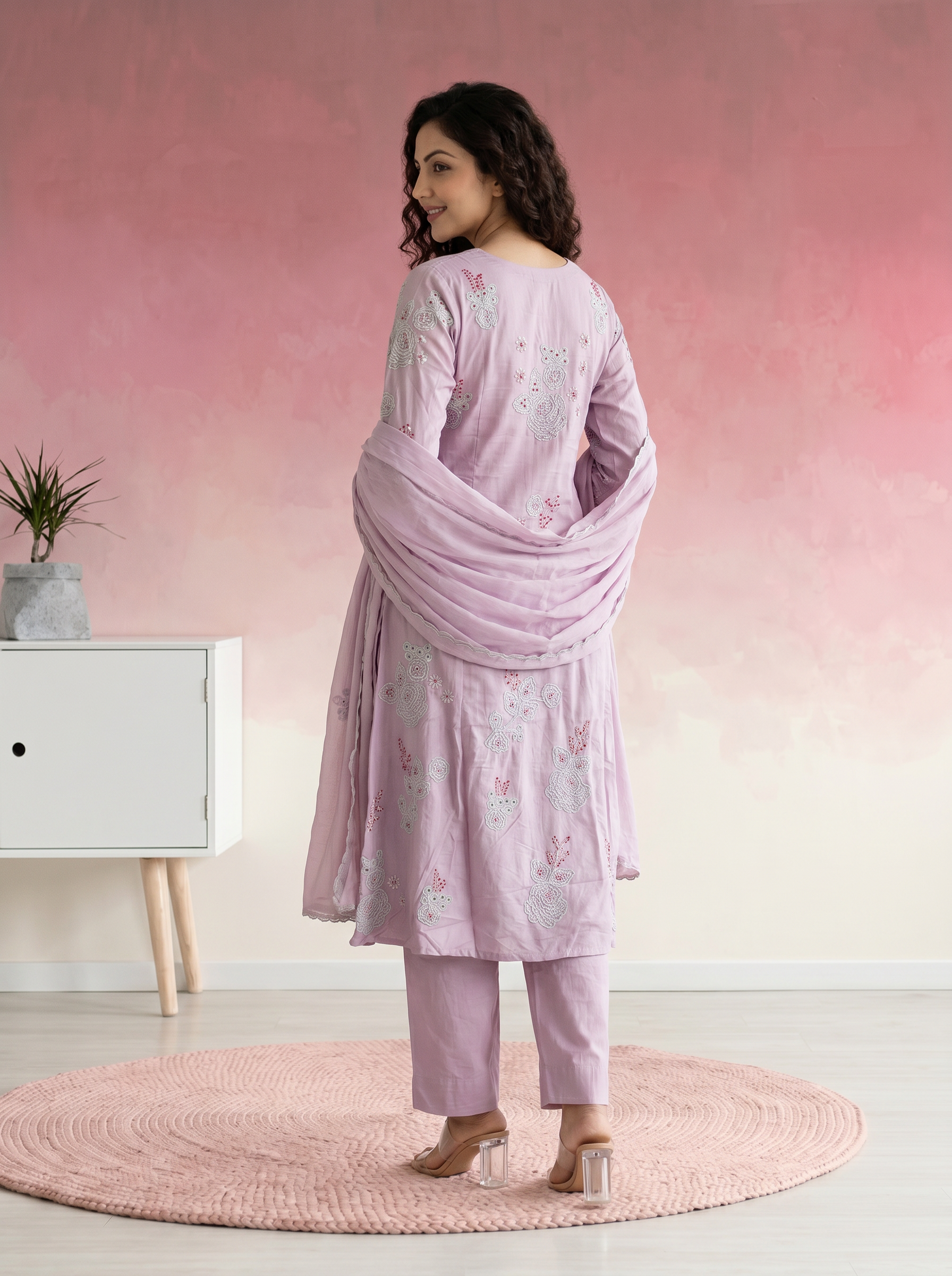 3 pcs dusty rose kurta set embellished with dori work