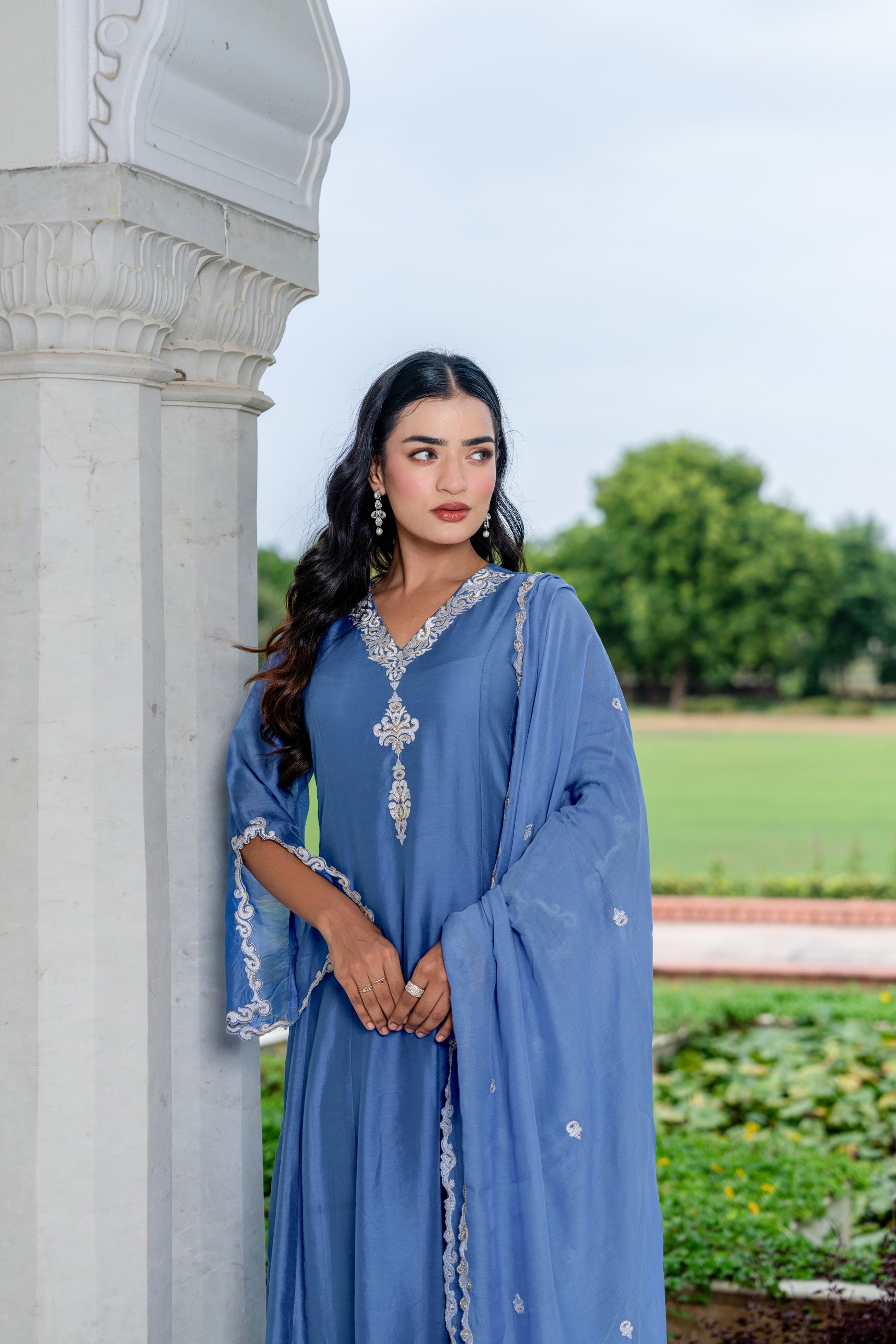 3 pcs embroidered flaired kurta set with hand adda work .