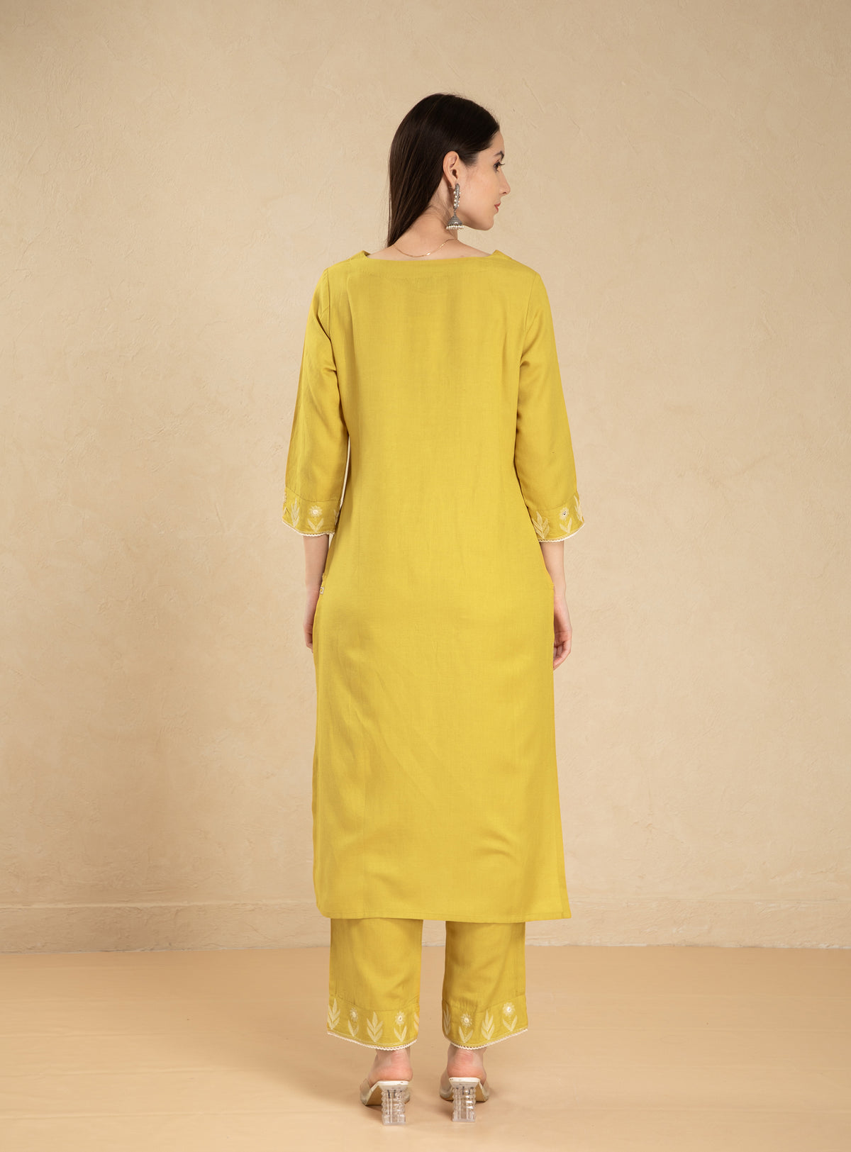 Oil Yellow Linen Blend 2PC Embroidered Kurta Set with Lace Details
