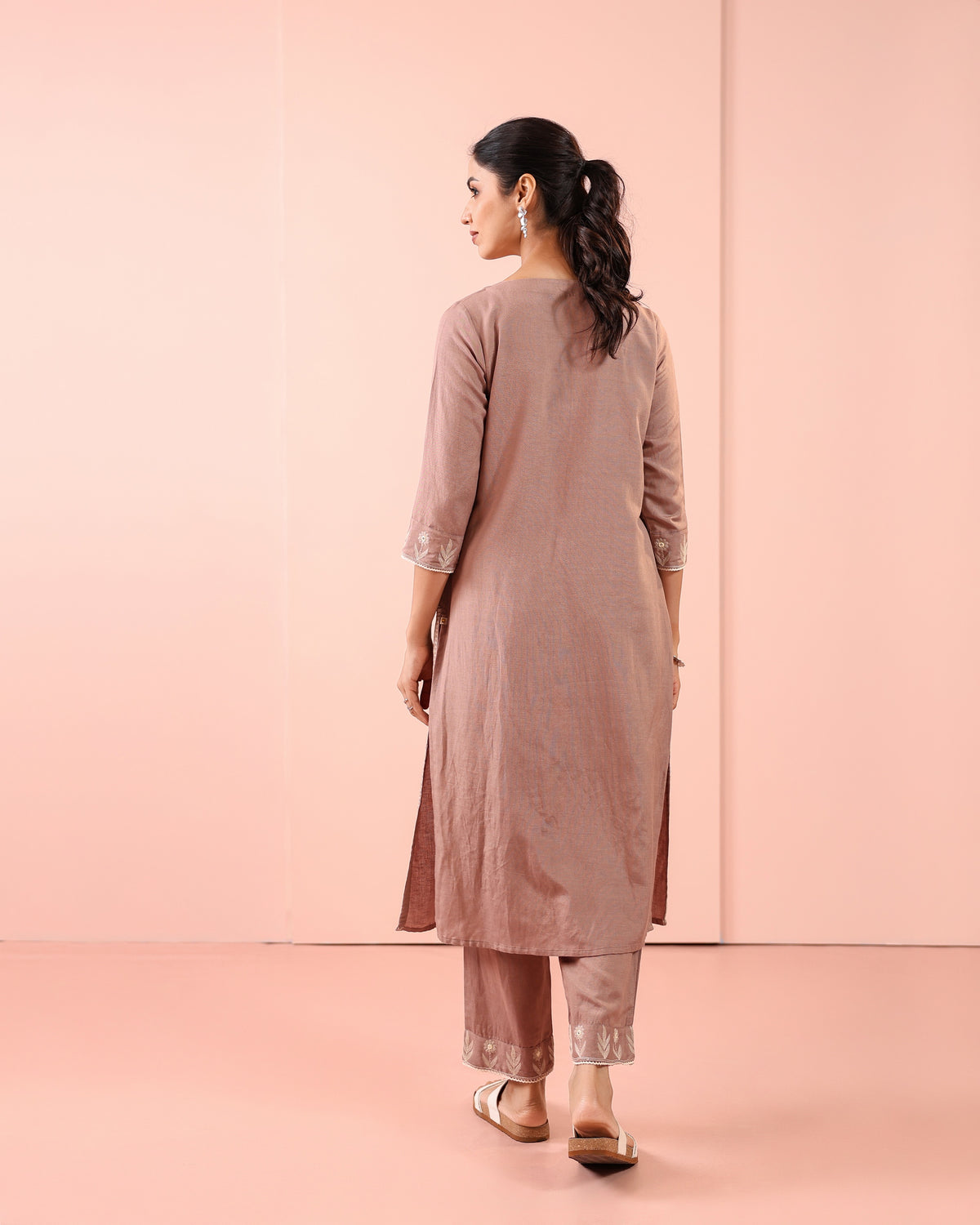Taupe Linen Blend 2PC Embroidered Kurta Set with Lace Details