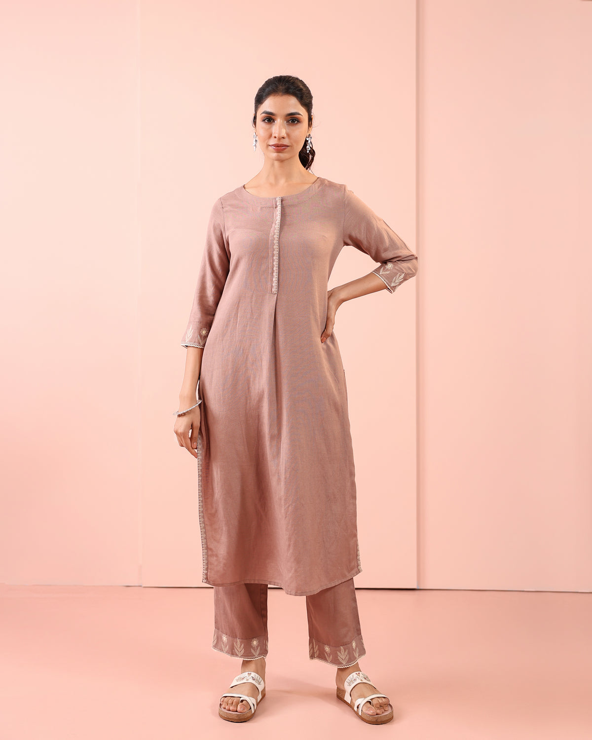 Taupe Linen Blend 2PC Embroidered Kurta Set with Lace Details