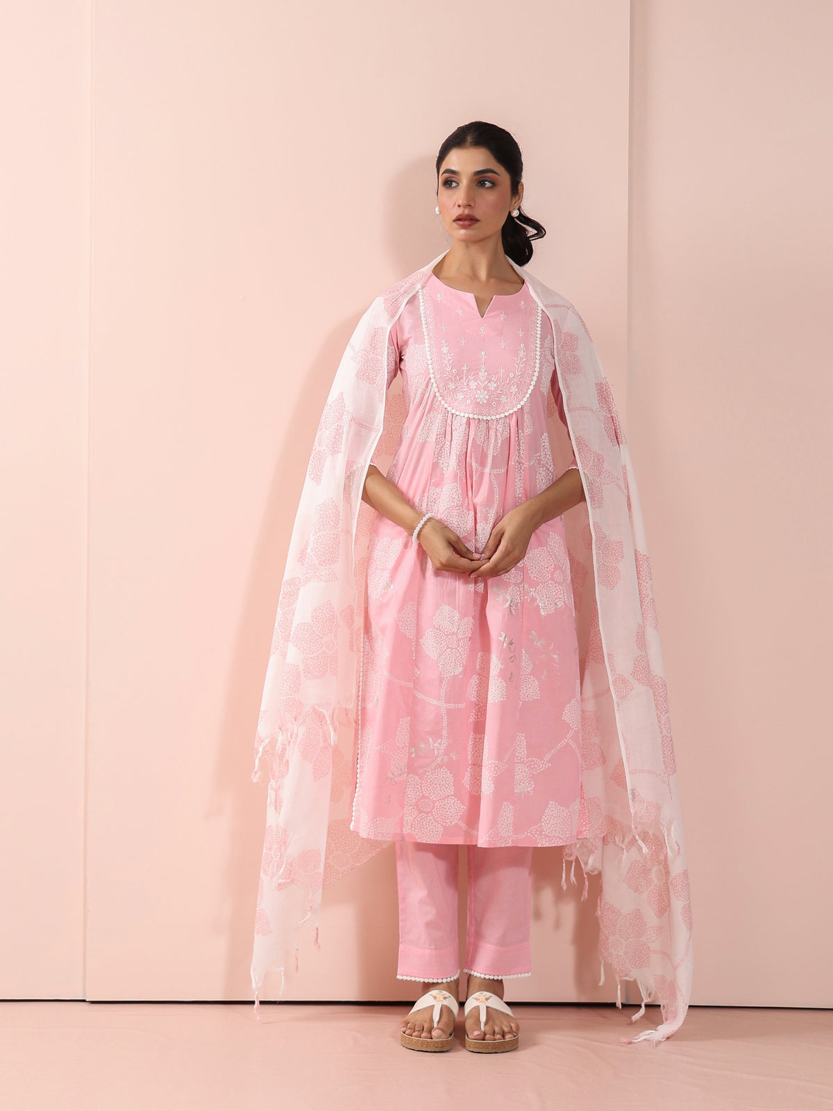 Pink Stripe Mul Cotton Khadi Foil Printed 3PC Kurta Set