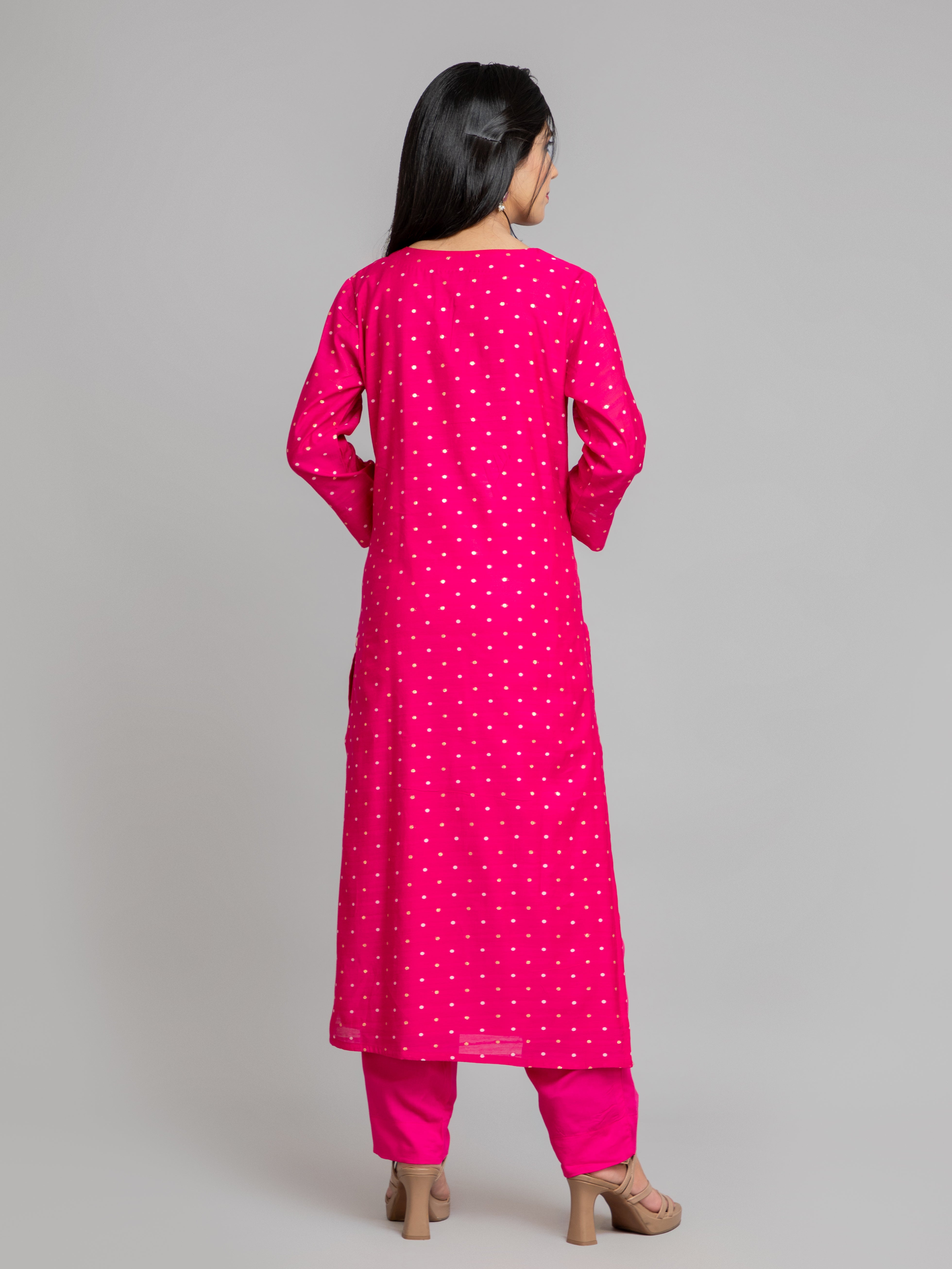 Virtual Pink Chanderi Dobby Round Neck Straight Fit 2 Pcs Kurta Set