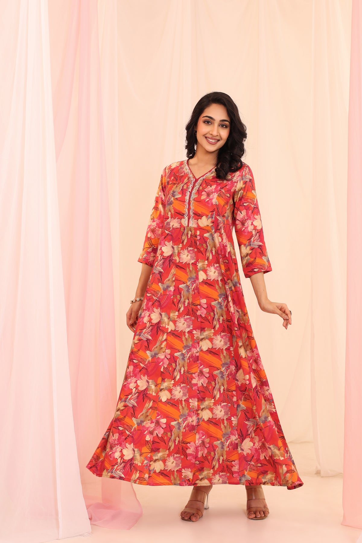 DIGITAL PRINTED KALIDAR DRESS EMBELLISHED WITH ADDA WORK DETAIL