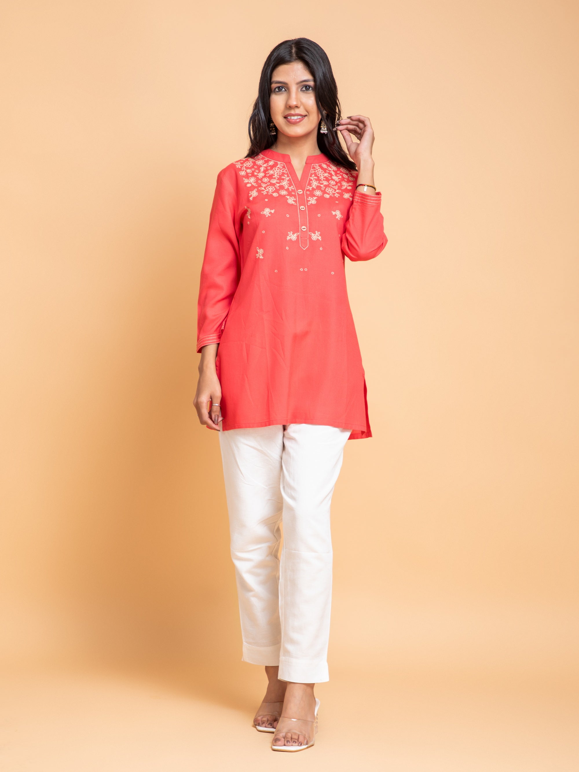 Coral Red Top in Rayon
