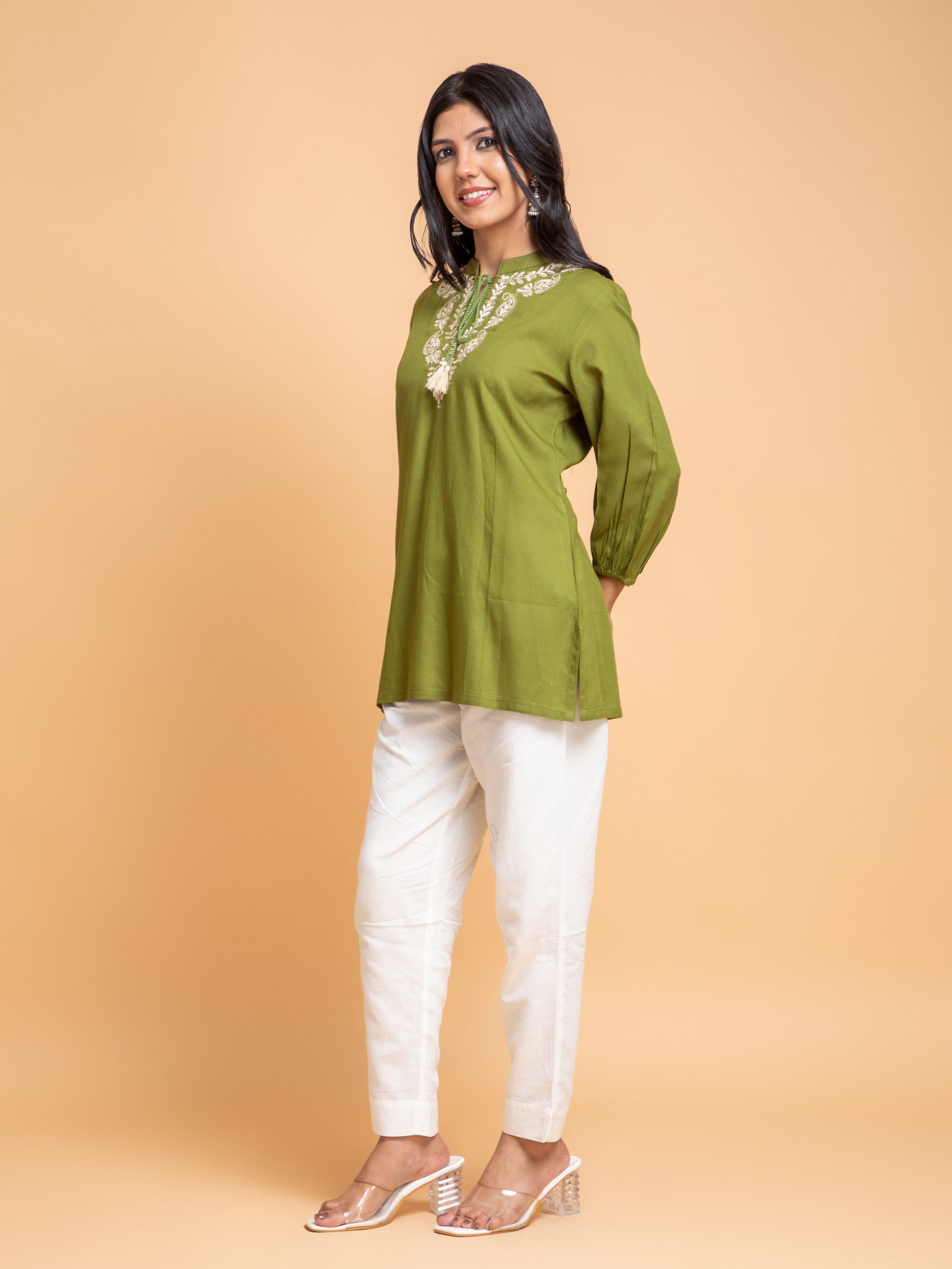 Green Olive Top in Rayon Ethnic