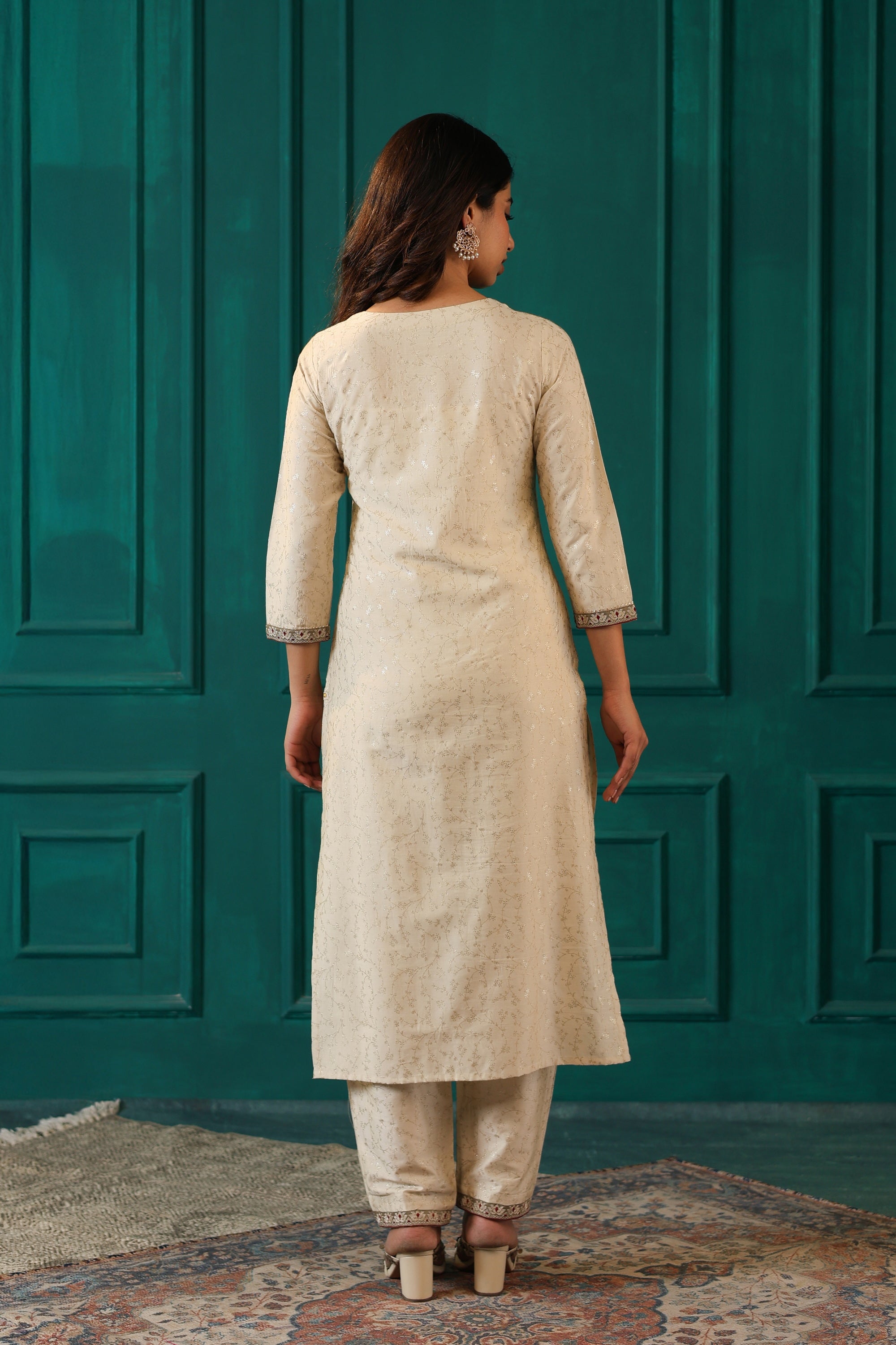 Light Beige Viscose Embroisered Gold Printed Kurta Set 3 Pcs