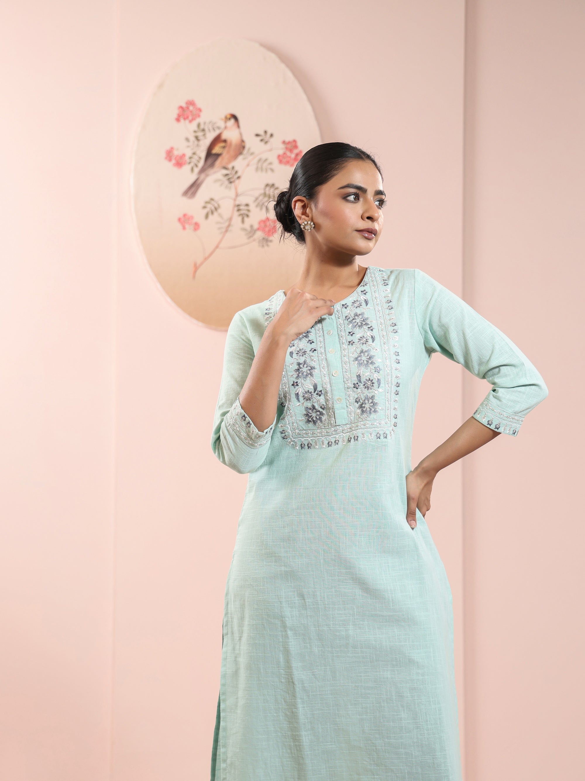 Naptune Green 2 Pcs Kurta Set in Cotton Slub