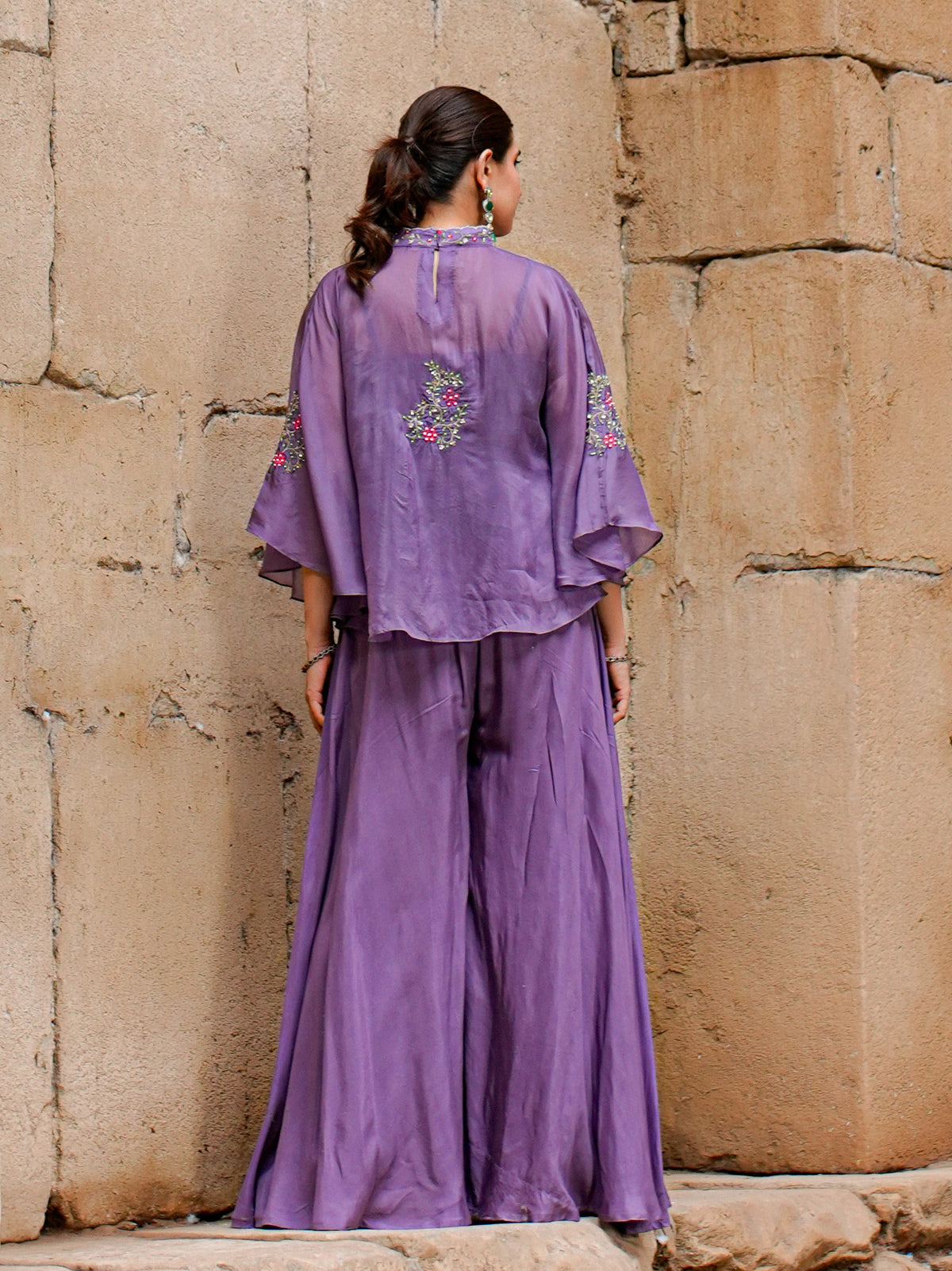 Gray Purple Organza Adda Work Embroidered 3 Pcs Top and Palazzo Set