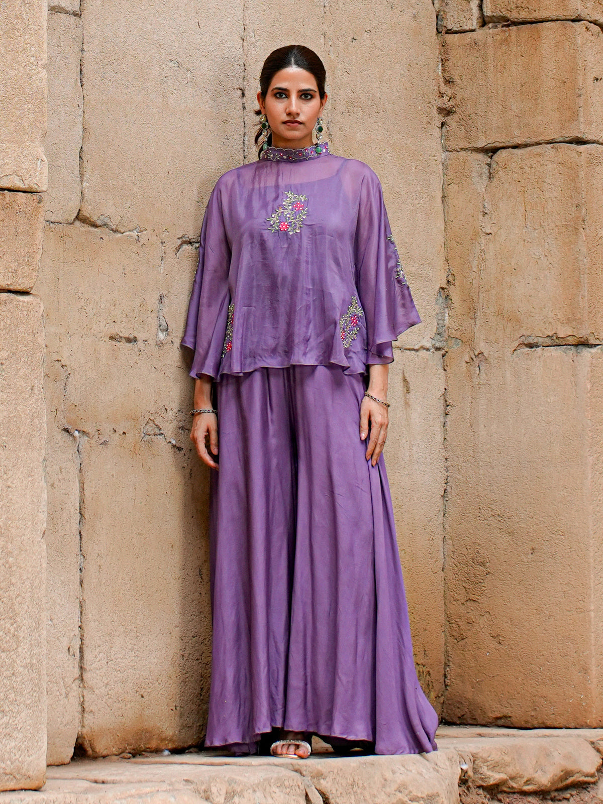 Gray Purple Organza Adda Work Embroidered 3 Pcs Top and Palazzo Set