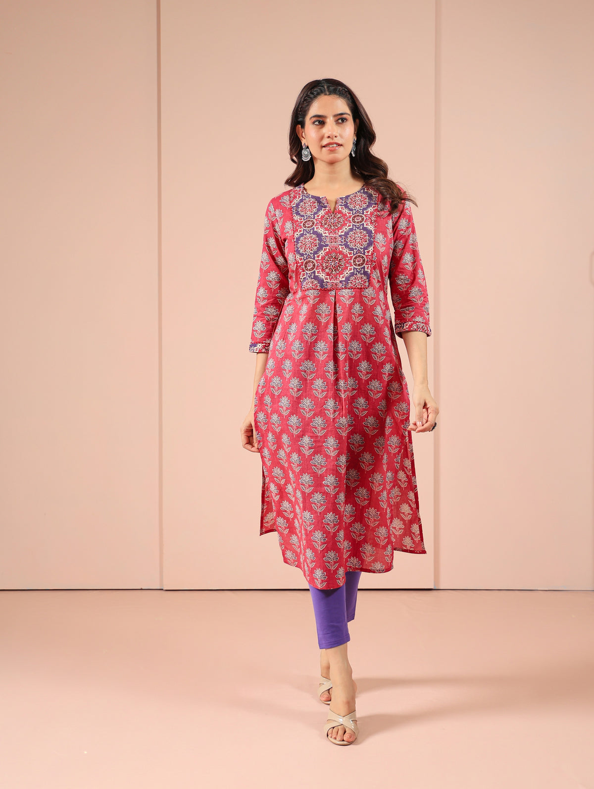 Purple Pink Mul Cotton Ajrak Printed Kurti Embellished with Adda Work Details