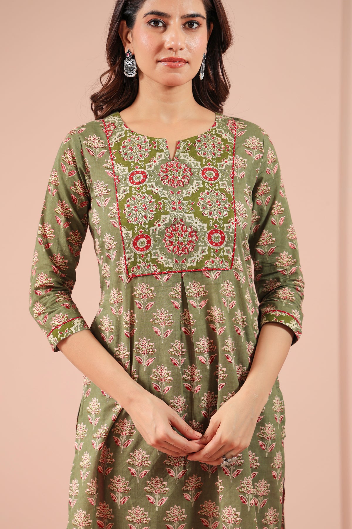 MUL COTTON AJRAK PRINTED KURTI EMBELLISHED WITH ADDA WORK DETAILS