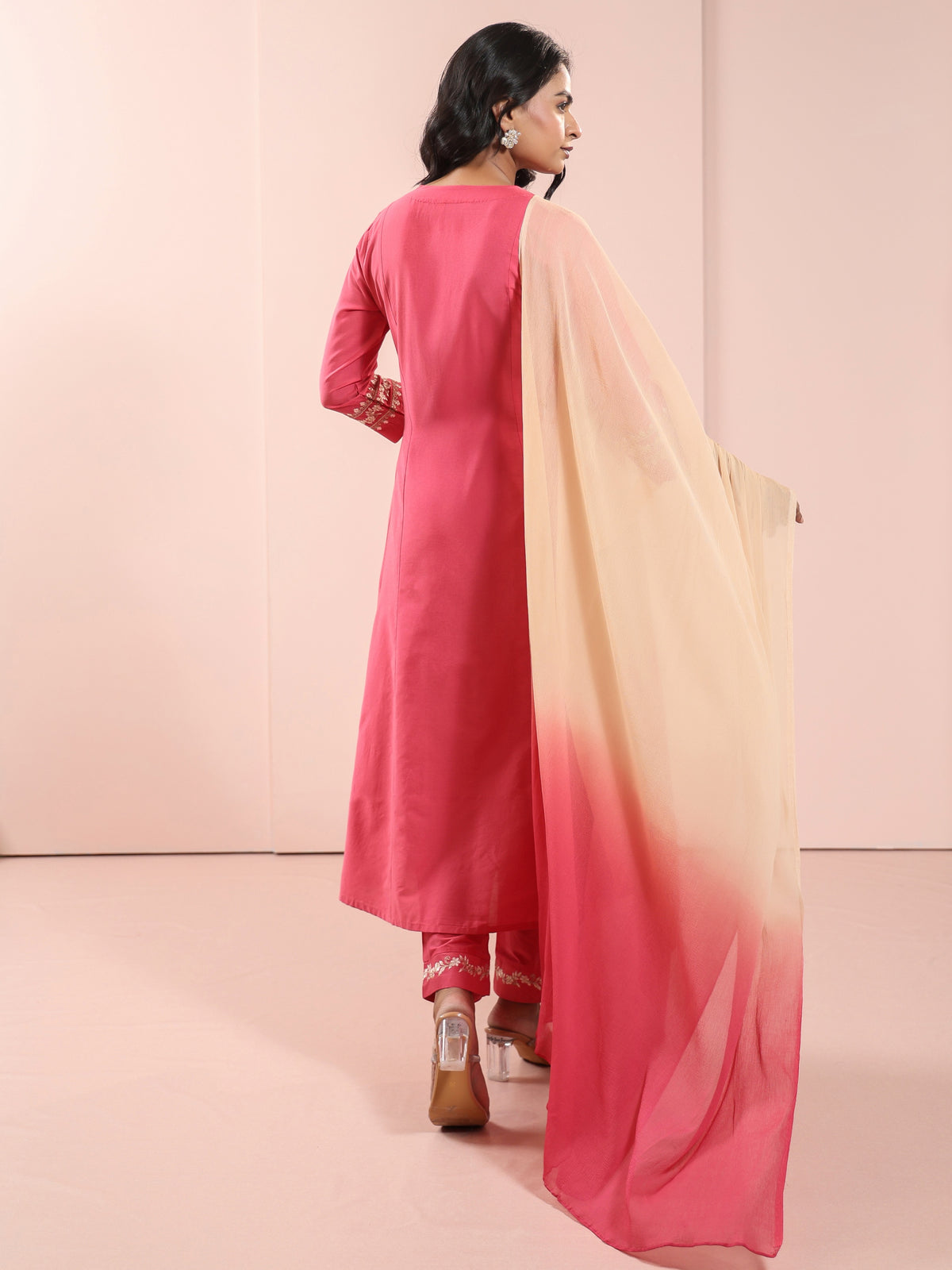 Brink Pink Mirror Embroidered 3PC Flaired Kurta Set Paired with Chifon Ombrey Dupatta