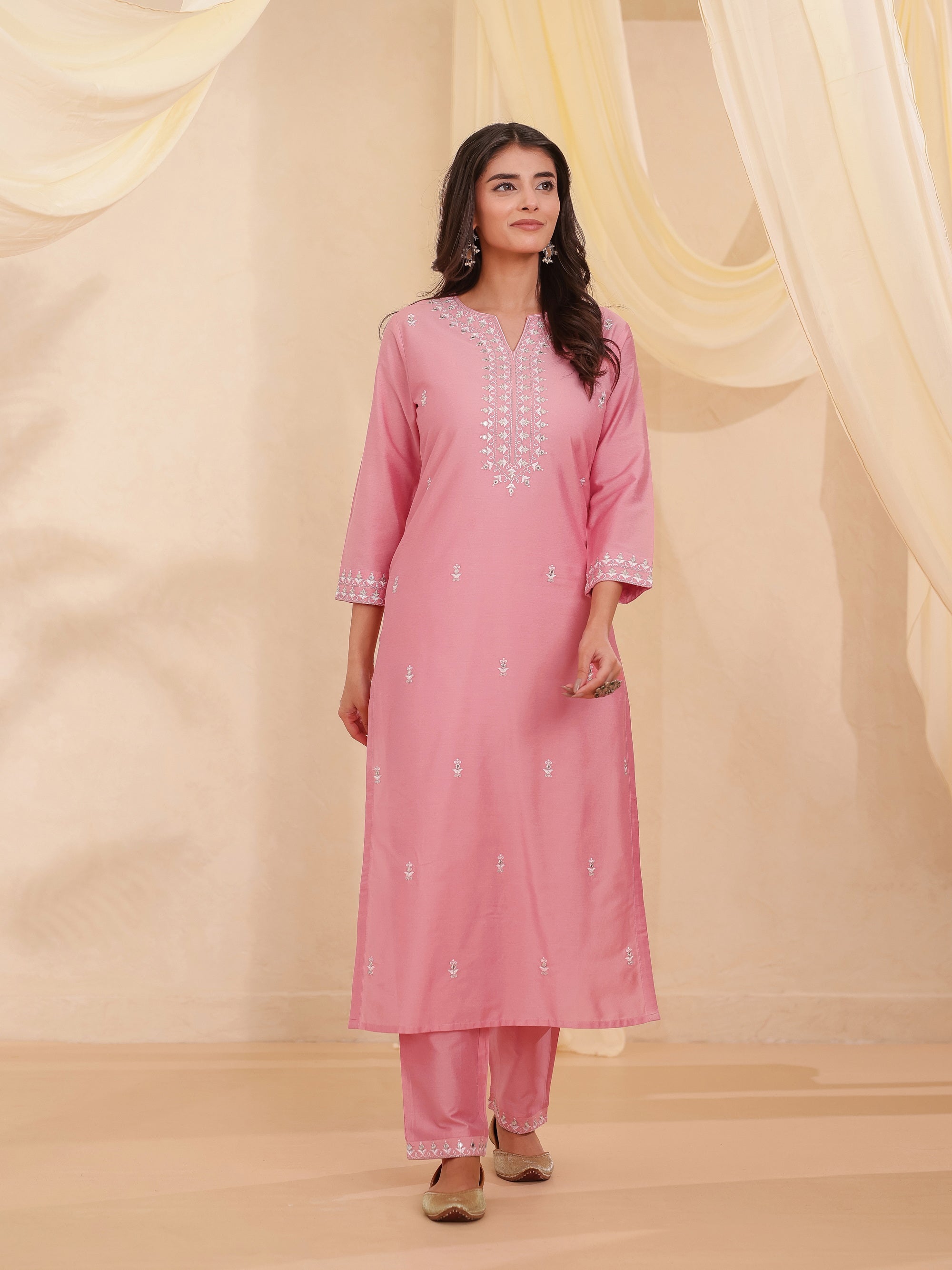 Flamingo Pink 3 Pcs Kurta Set in Poly Viscose