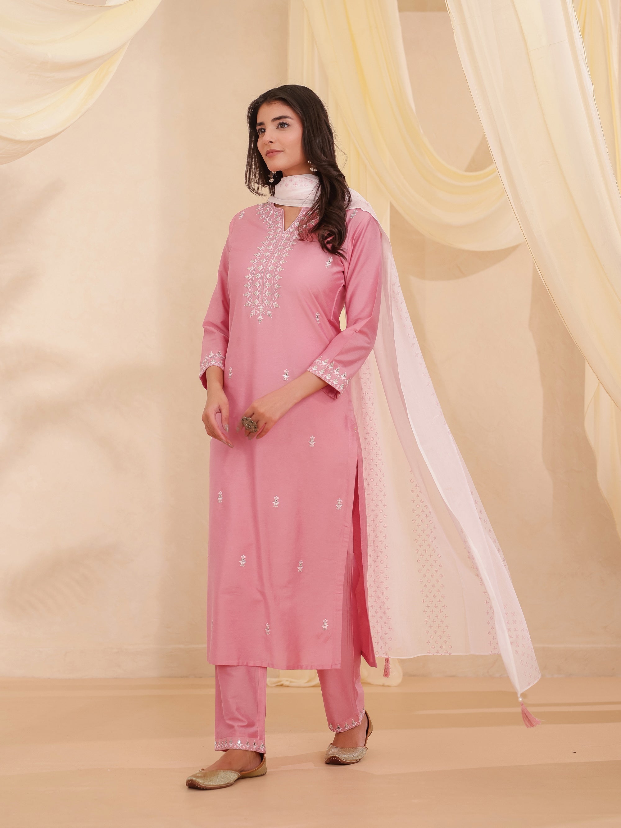 Flamingo Pink 3 Pcs Kurta Set in Poly Viscose