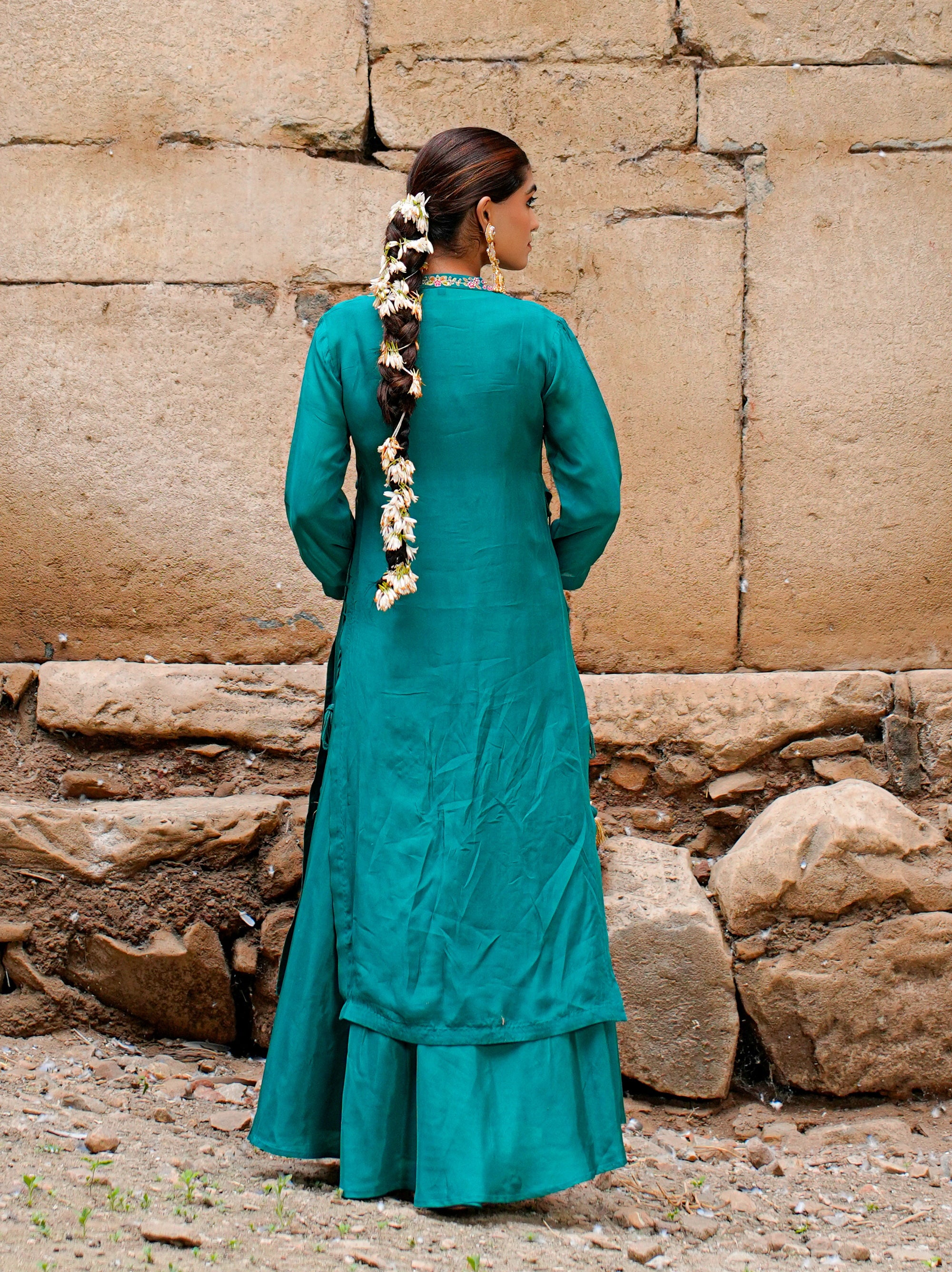 Tropical Green Organza Embroidered Dress with Inner Gown Women