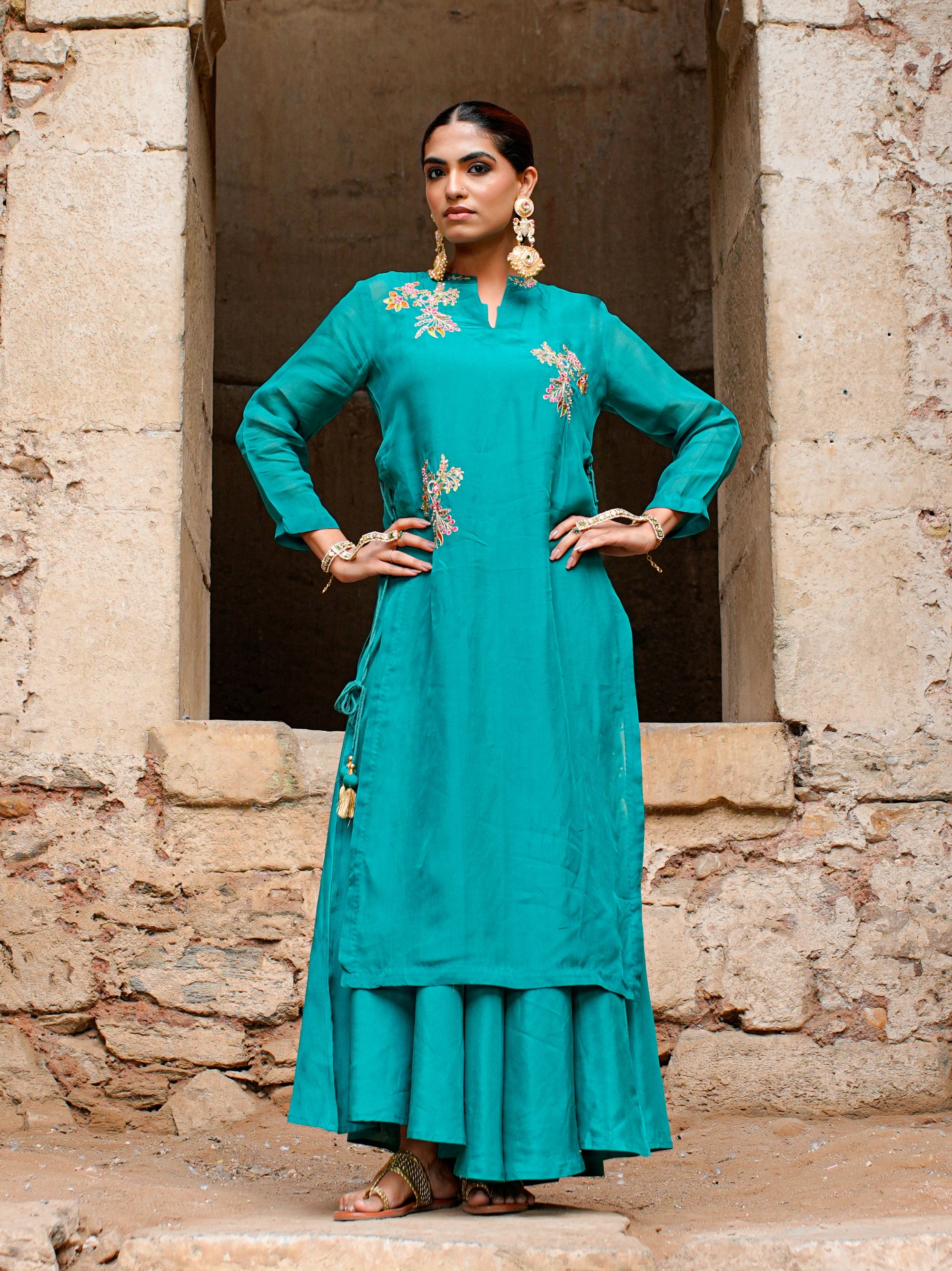 Tropical Green Organza Embroidered Dress with Inner Gown Women
