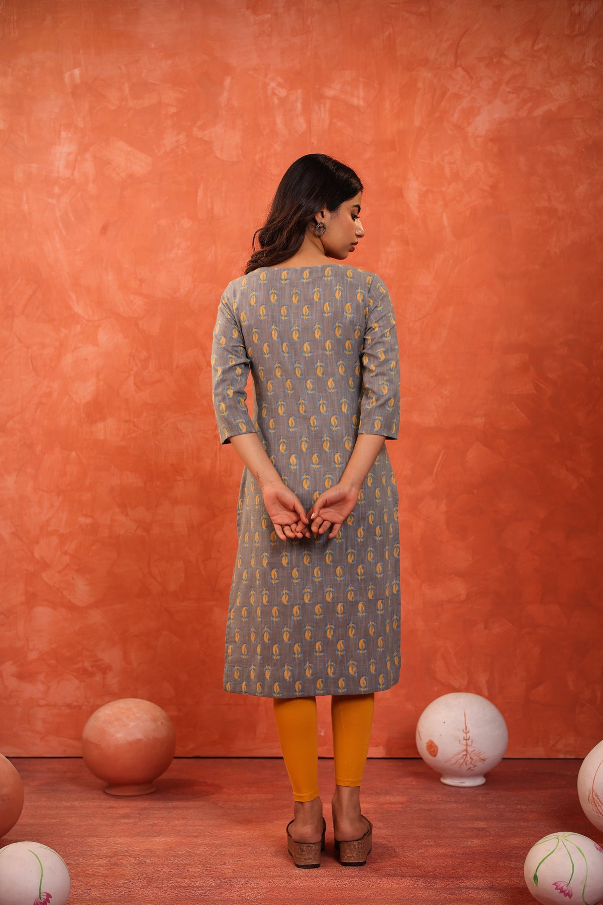 Steel Gray Dabu Printed Boat Neck Single Kurti