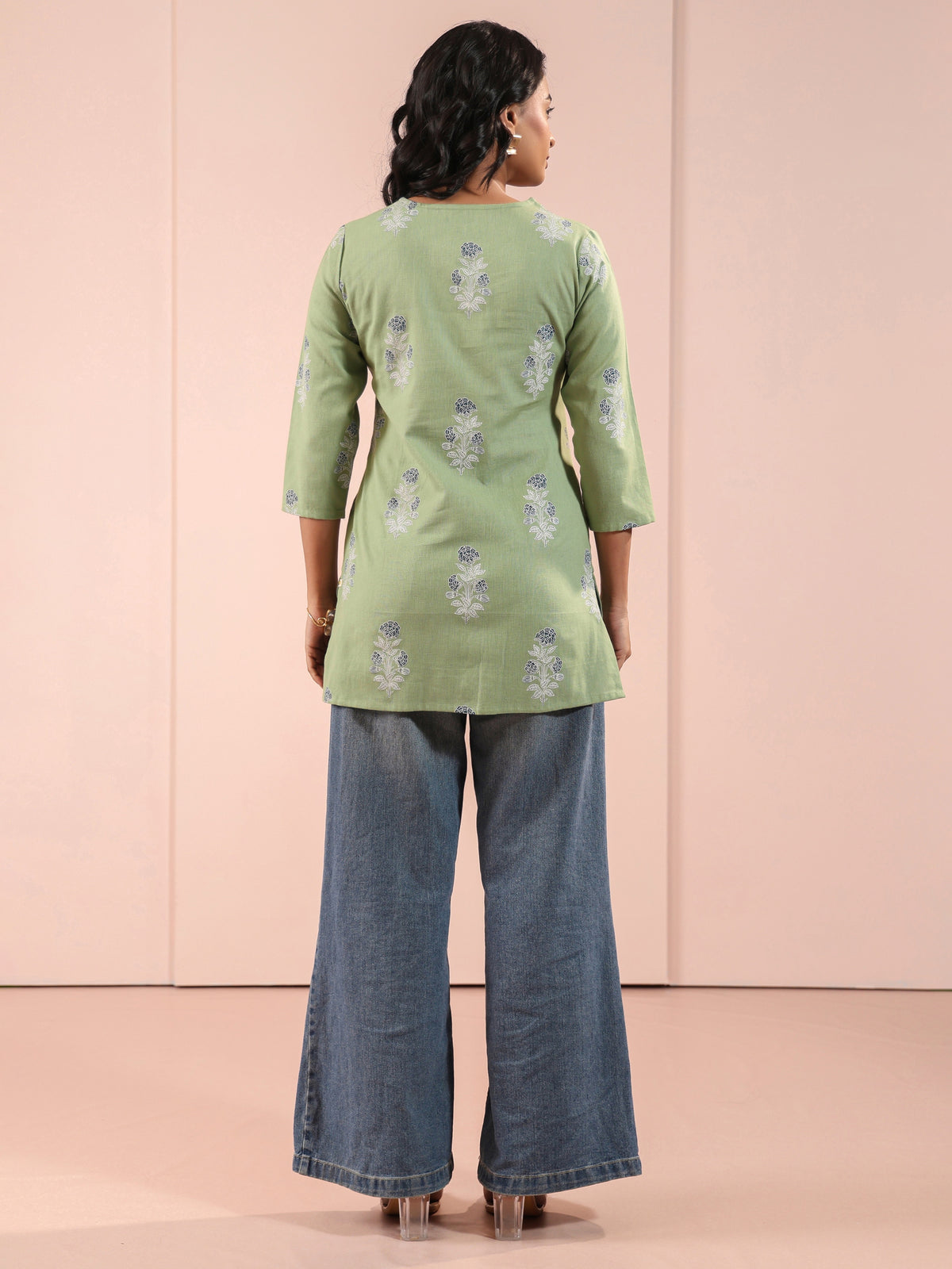 Mineral Green Linen Blend Short Top Embellished with Had Craft Details