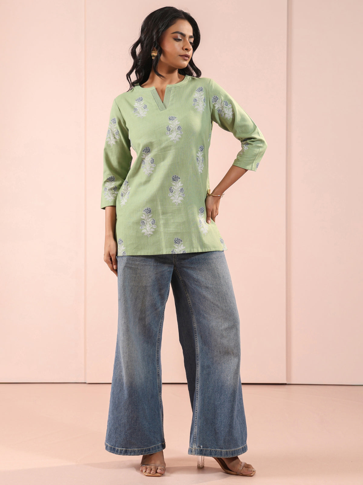 Mineral Green Linen Blend Short Top Embellished with Had Craft Details